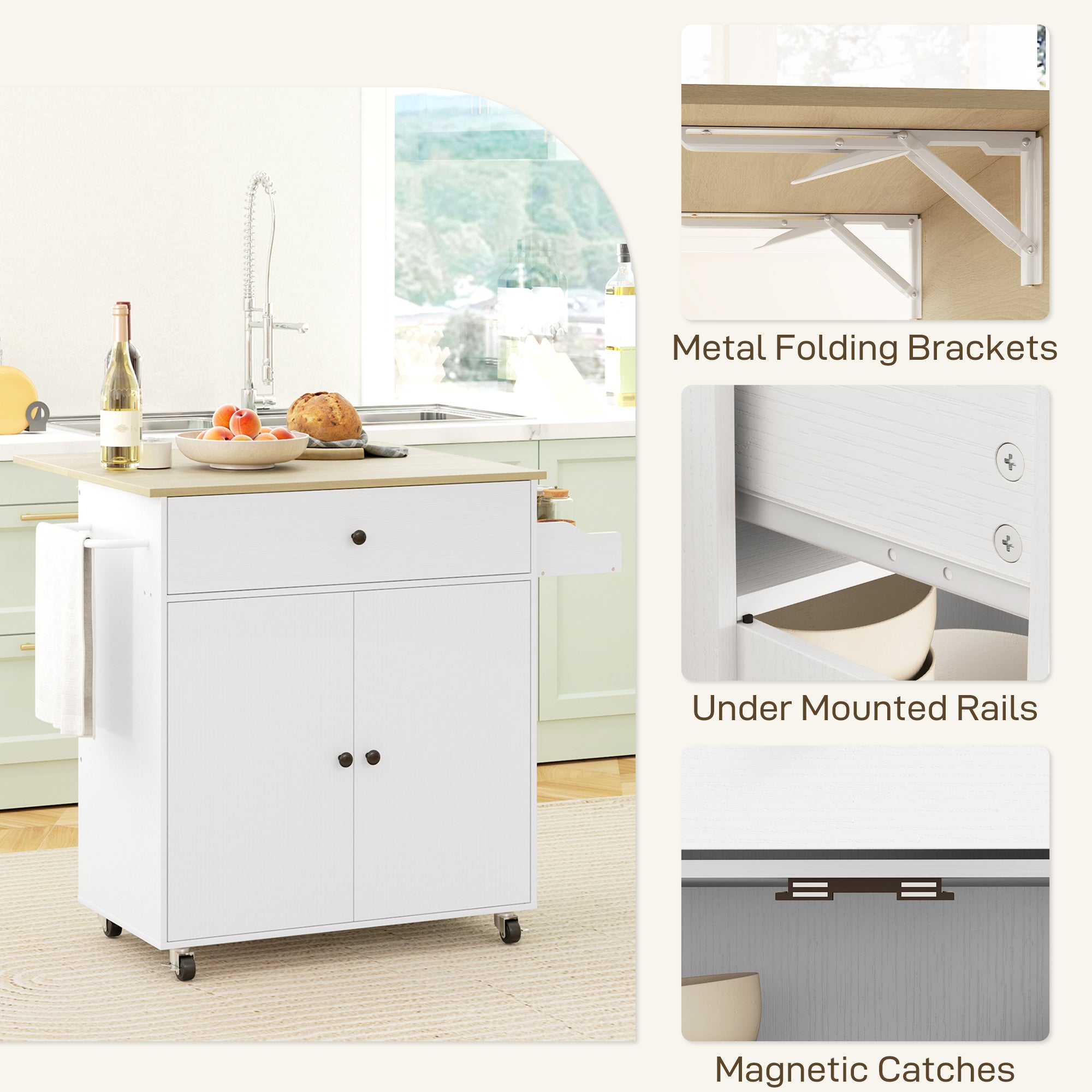 Kozy - Rolling Kitchen Island with Drop Leaf, Kitchen Storage Cart with Drawer, Spice Rack and Towel Rack, White