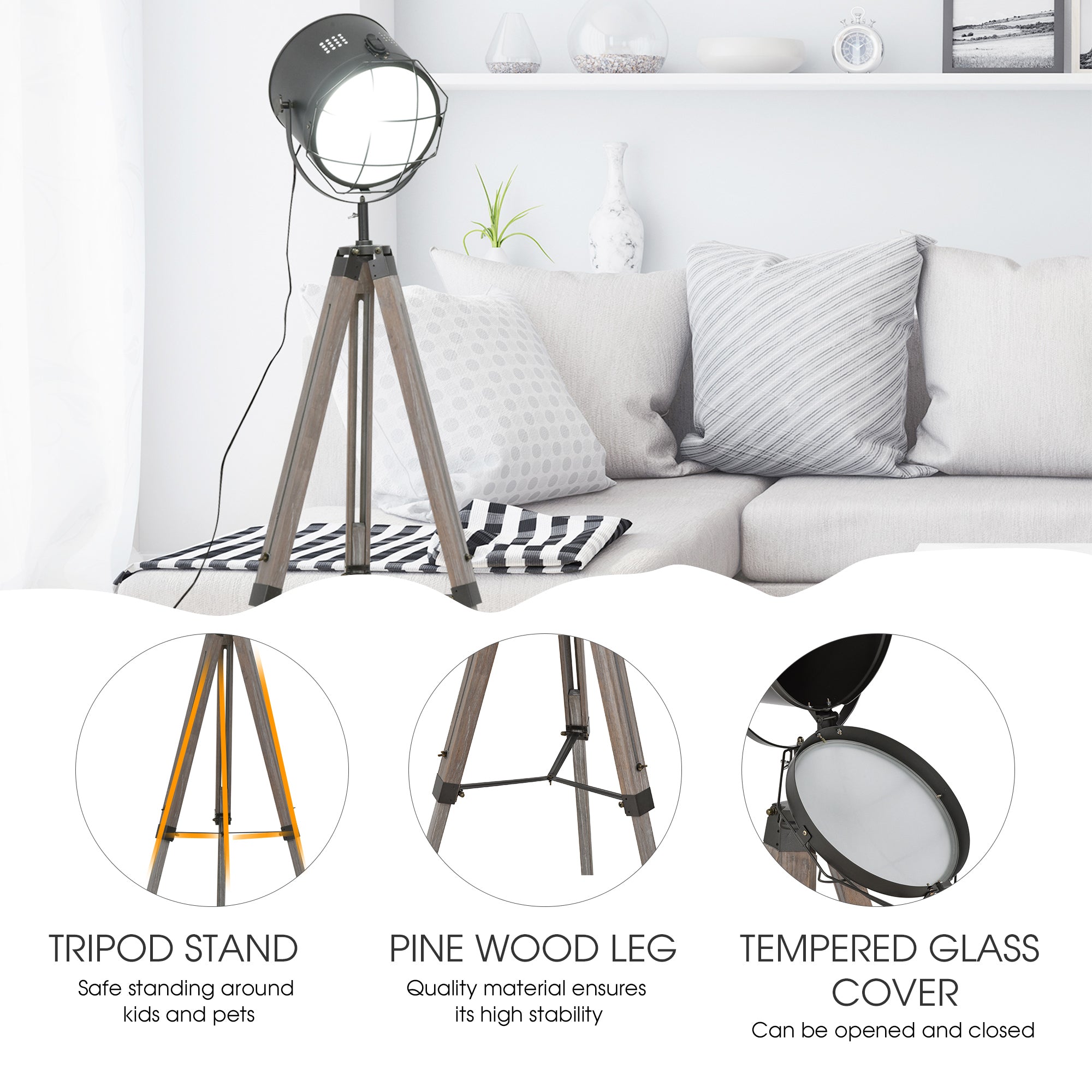 HOMCOM Industrial Style Tripod Floor Lamp for Living Room Bedroom, Vintage Spotlight Reading Lamp with Wooden Legs E27 Base