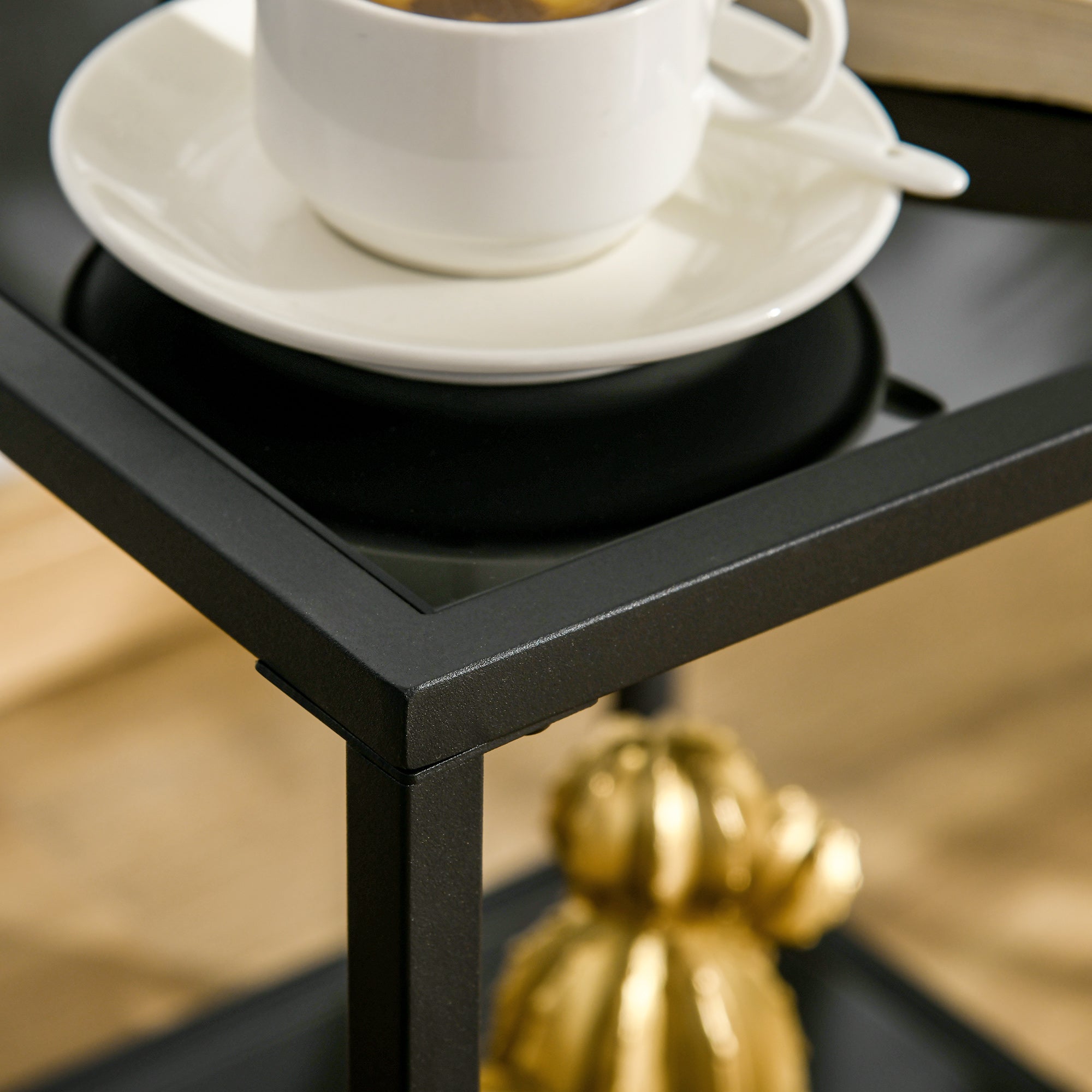 Kozy Tempered Glass Side Table with Storage, Modern 2-Tier Bedside Table with Steel Frame, Black