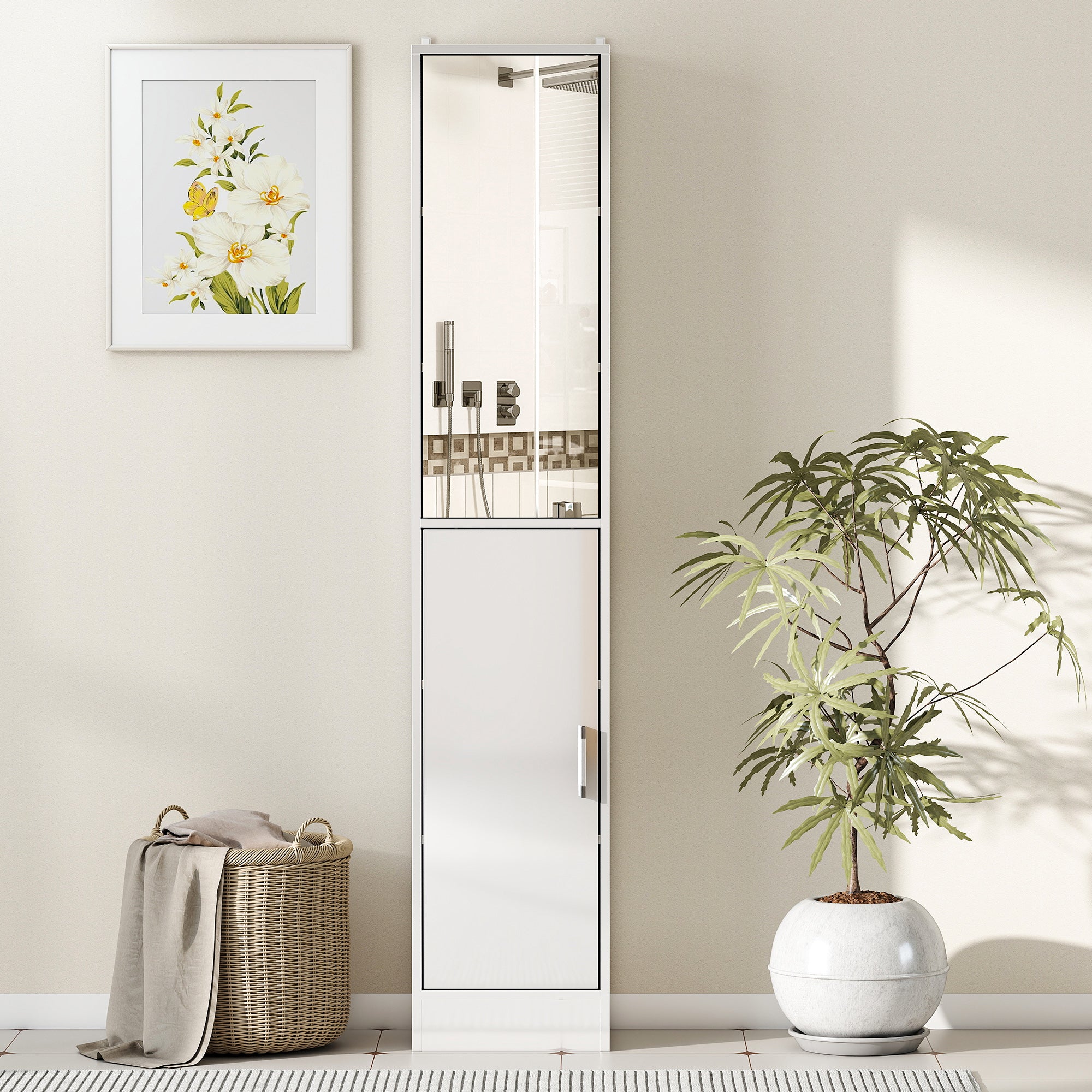 kleankin Tall Bathroom Cabinet with Mirror and Adjustable Shelf - High Gloss White