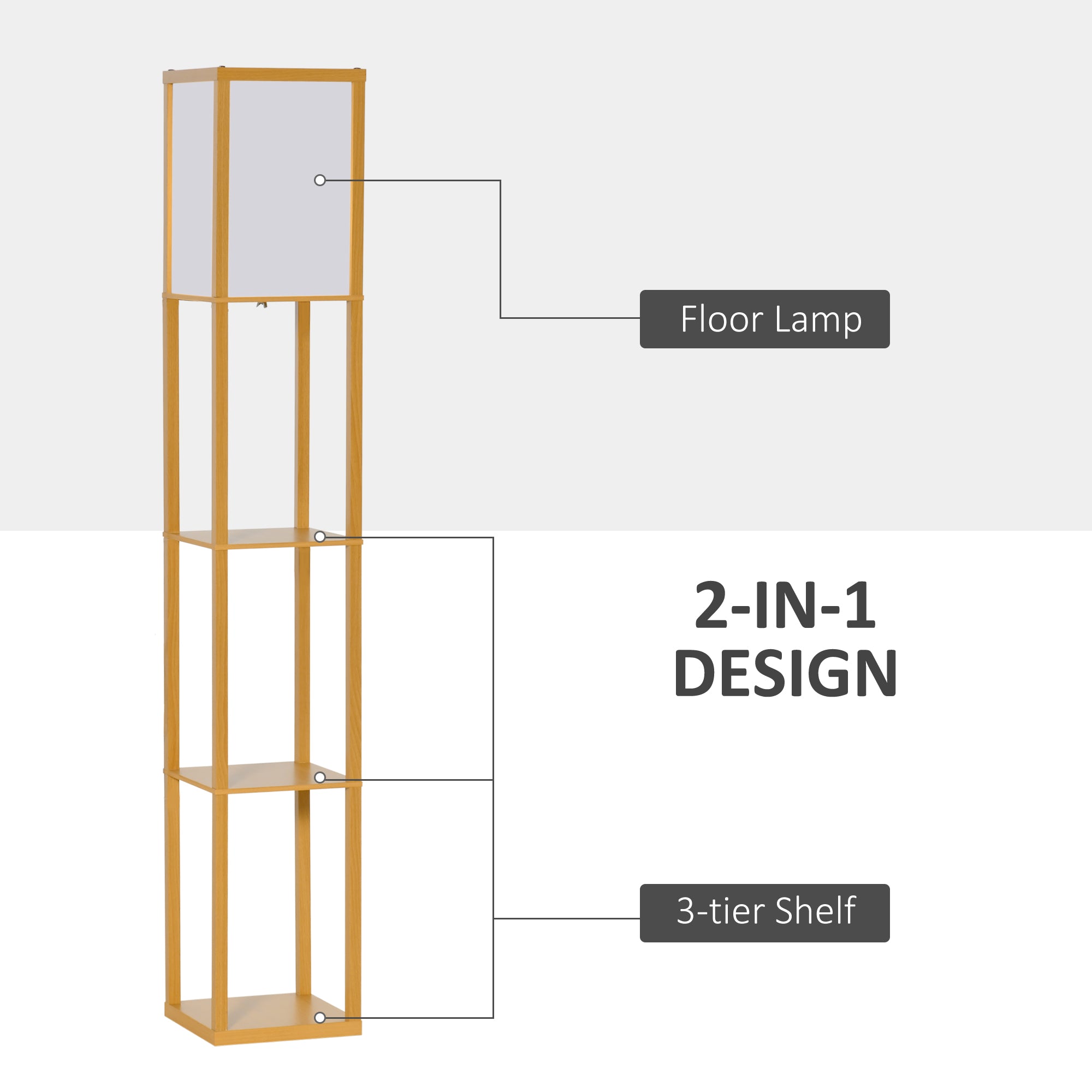 Kozy 3-Tier Floor Lamp, Floor Light with Storage Shelf, Reading Standing Lamp with Acrylic Shade for Living Room, Bedroom, Kitchen, Dining Room, Office, Dorm, 160cm, Natural