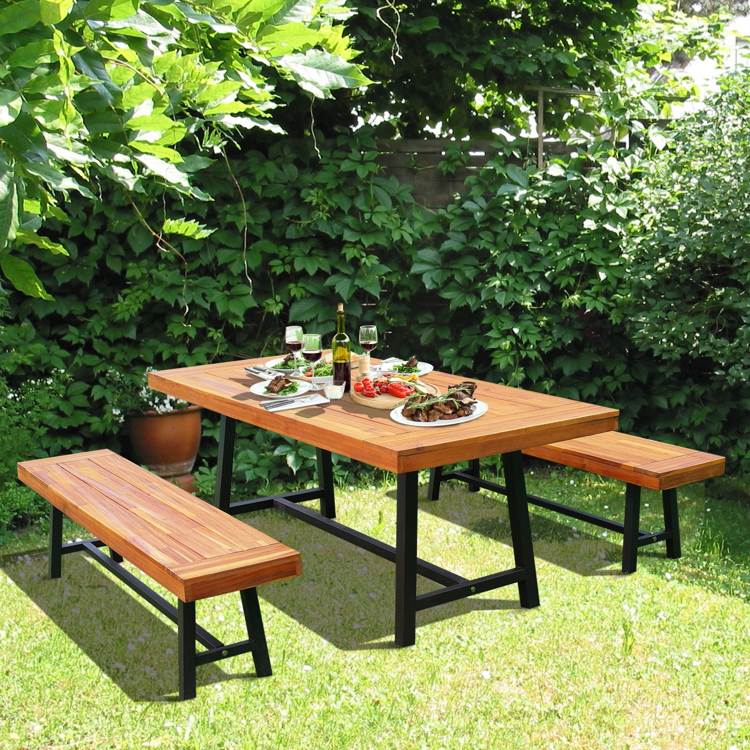 Outsunny Garden 3 Pieces Acacia Wood Picnic Table and 2 Benches Set Dining Trestle Beer Table Patio Outdoor Indoor Furniture