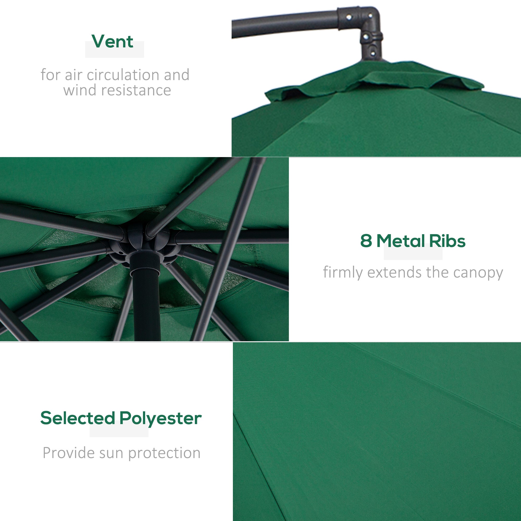 Outsunny Waterproof Banana Cantilever Parasol: 3m Hanging Umbrella with Crank & Cross Base, Outdoor Sun Shelter, Verdant Green | Aosom UK