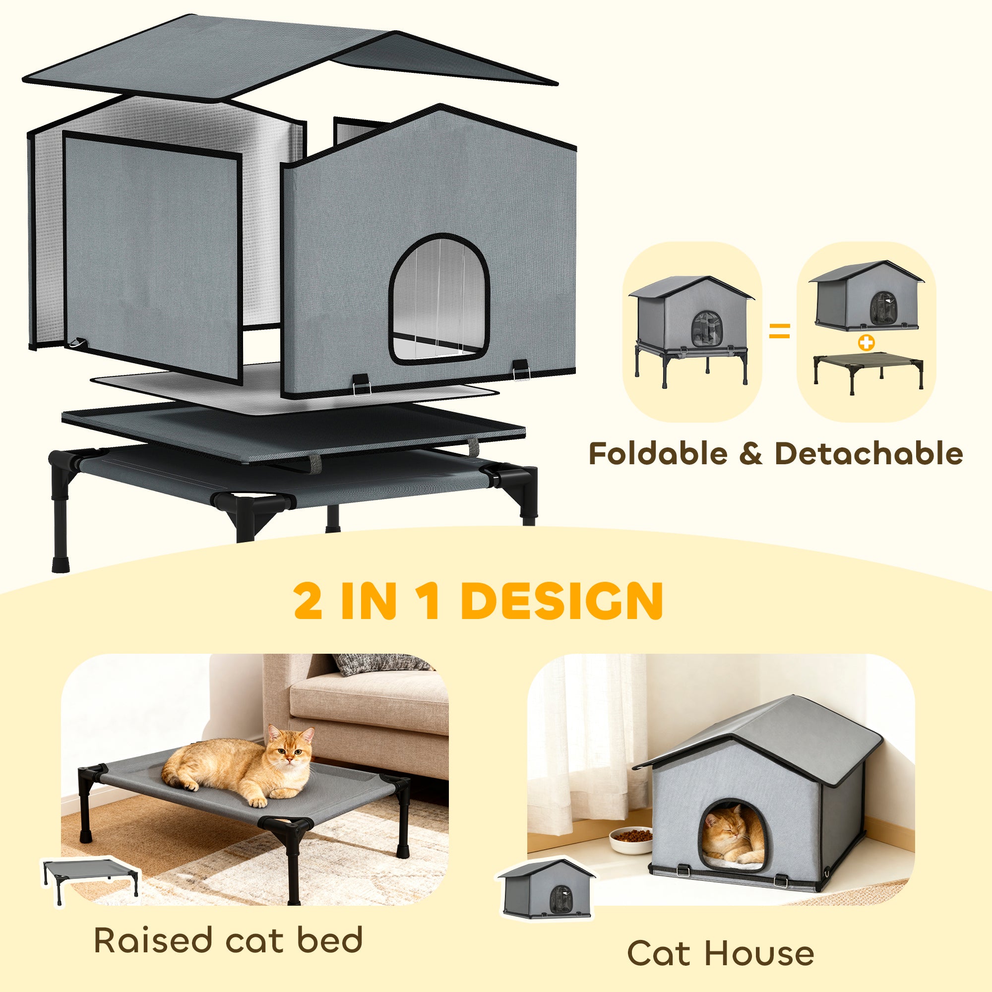 Kozy Outdoor Cat House, Waterproof Insulated Cat Kennel with Elevated Base, Foldable Feral Kitty Shelter for Kittens, Grey
