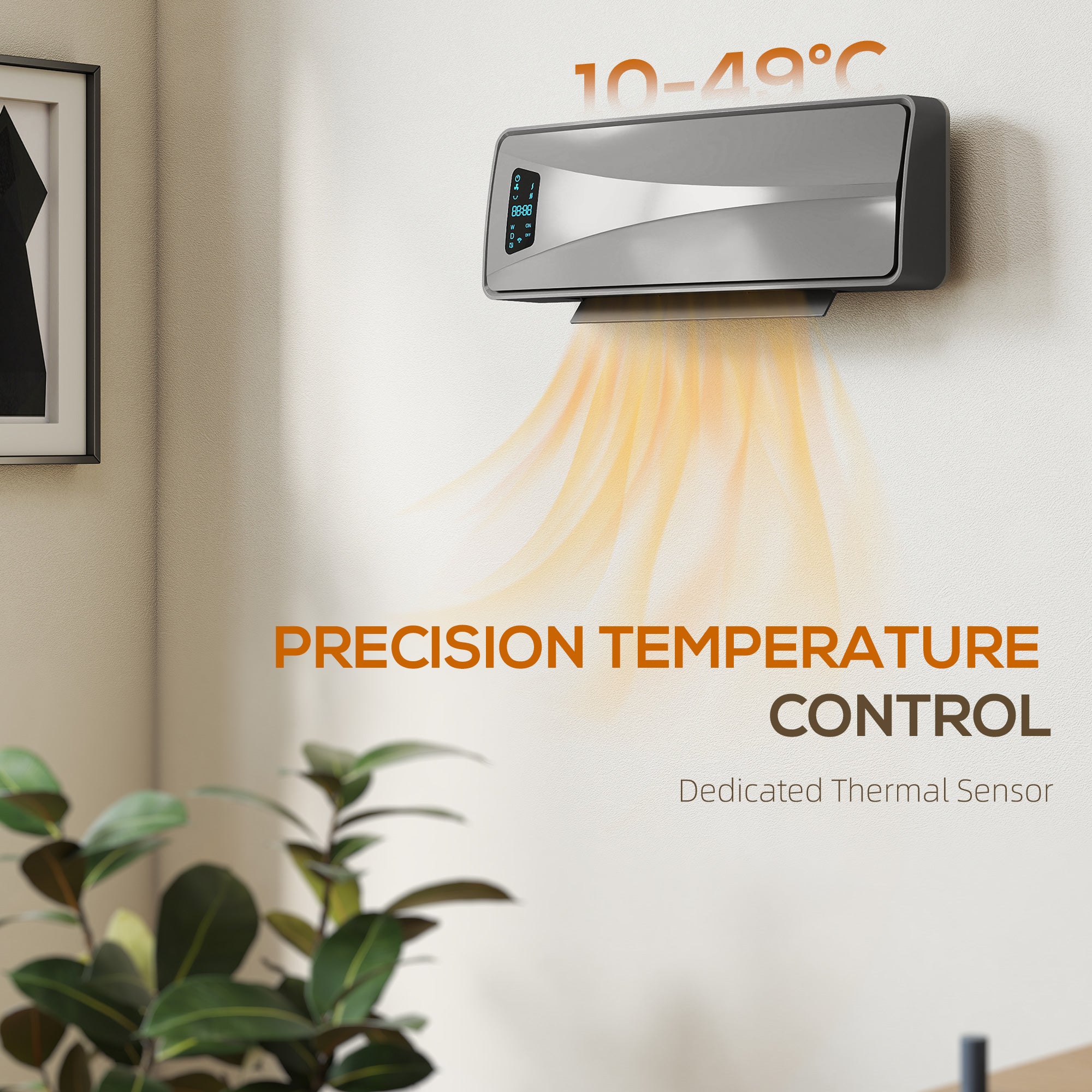 Kozy 2000W Ceramic Electric Heater with Fan, Adjustable Thermostat, Wall Mounted - Grey