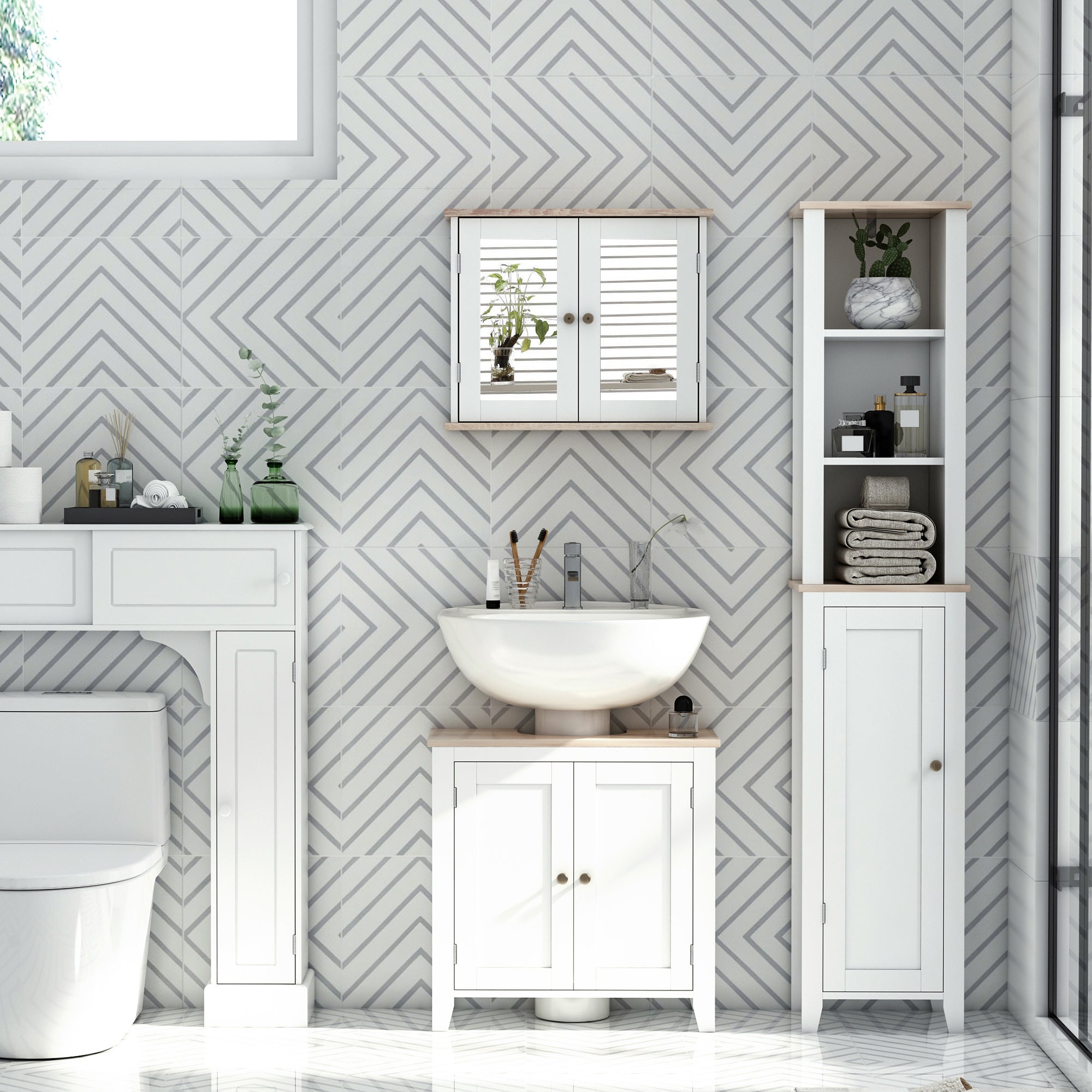 Kozy Under Sink Cabinet, Bathroom Sink Cabinet with 2 Doors, Pedestal Under Sink Design, Freestanding Bathroom Cupboard with Adjustable Shelf, White