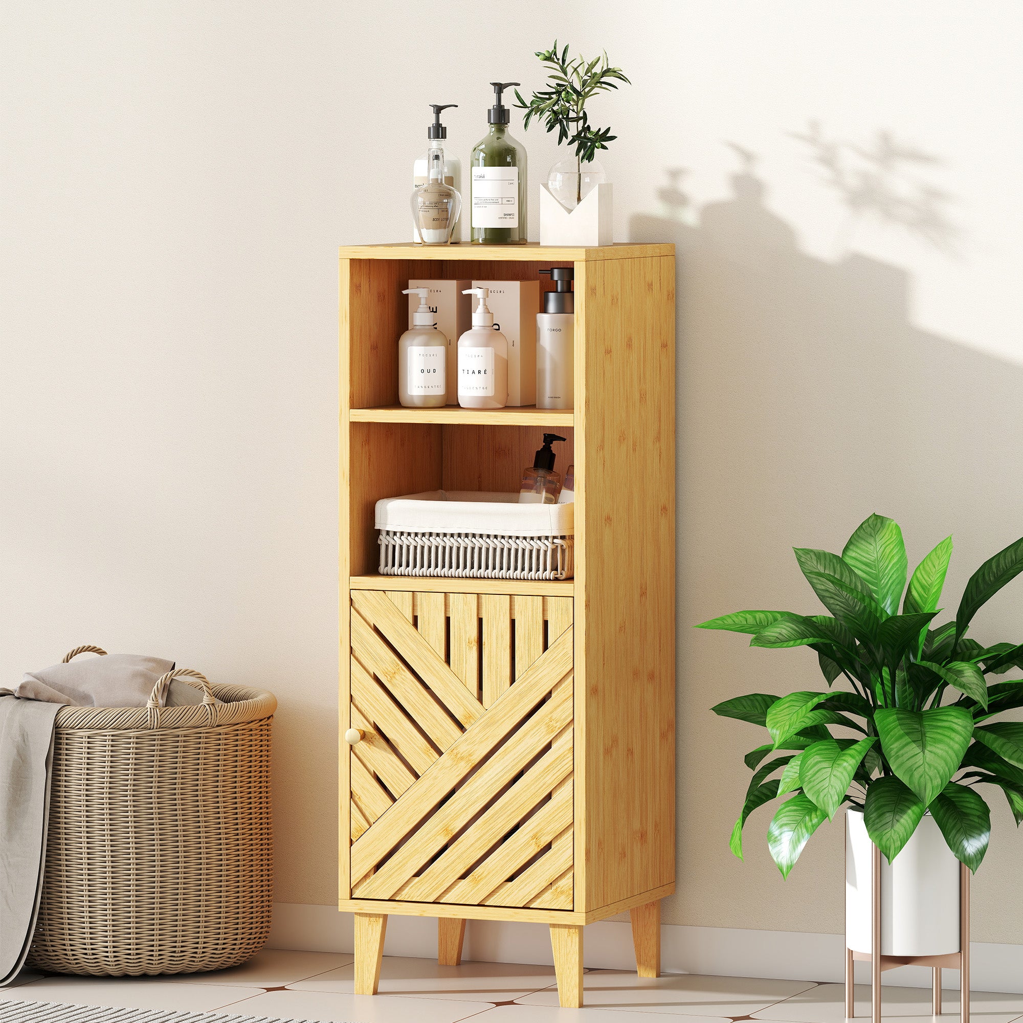 Kozy - Slim Bathroom Cabinet with Bamboo Door and Legs, Narrow Bathroom Storage Cabinet, Freestanding Storage Cupboard with Open Compartments, 32 x 30 x 90 cm, Natural Wood Finish