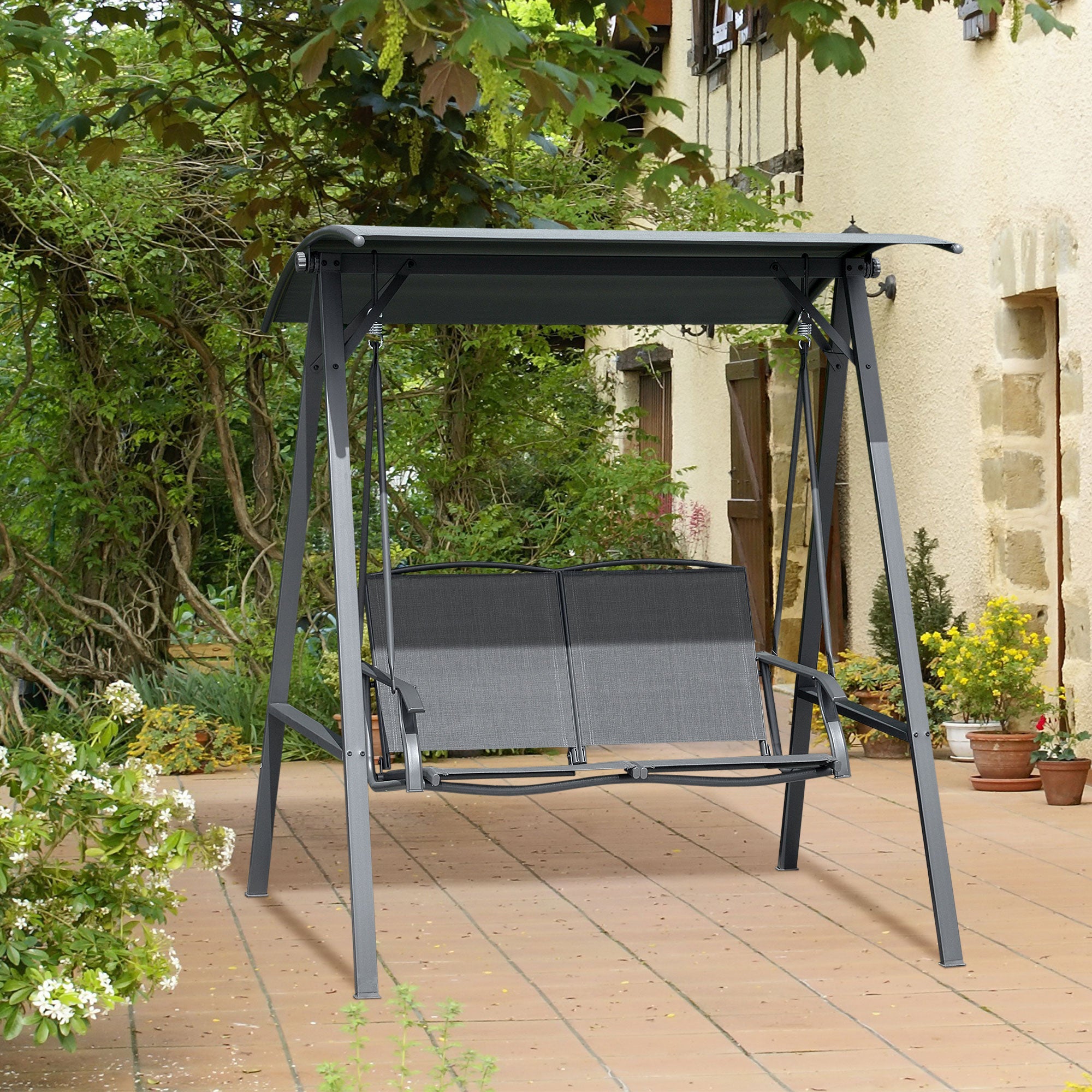 Kozy 2 Seater Garden Swing Seat Swing Chair, Outdoor Canopy Swing Bench with Adjustable Shade, Metal Frame and Texteline Seat, Dark Grey