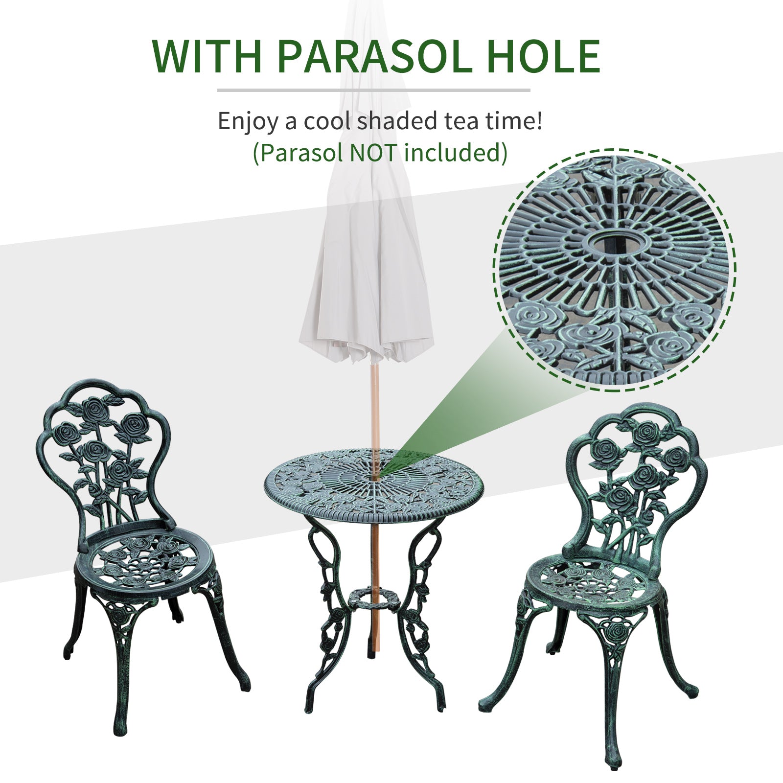 Kozy Cast Aluminium Outdoor Patio Garden Bistro Elegant Design Table Chair Set - Green (3-Piece)