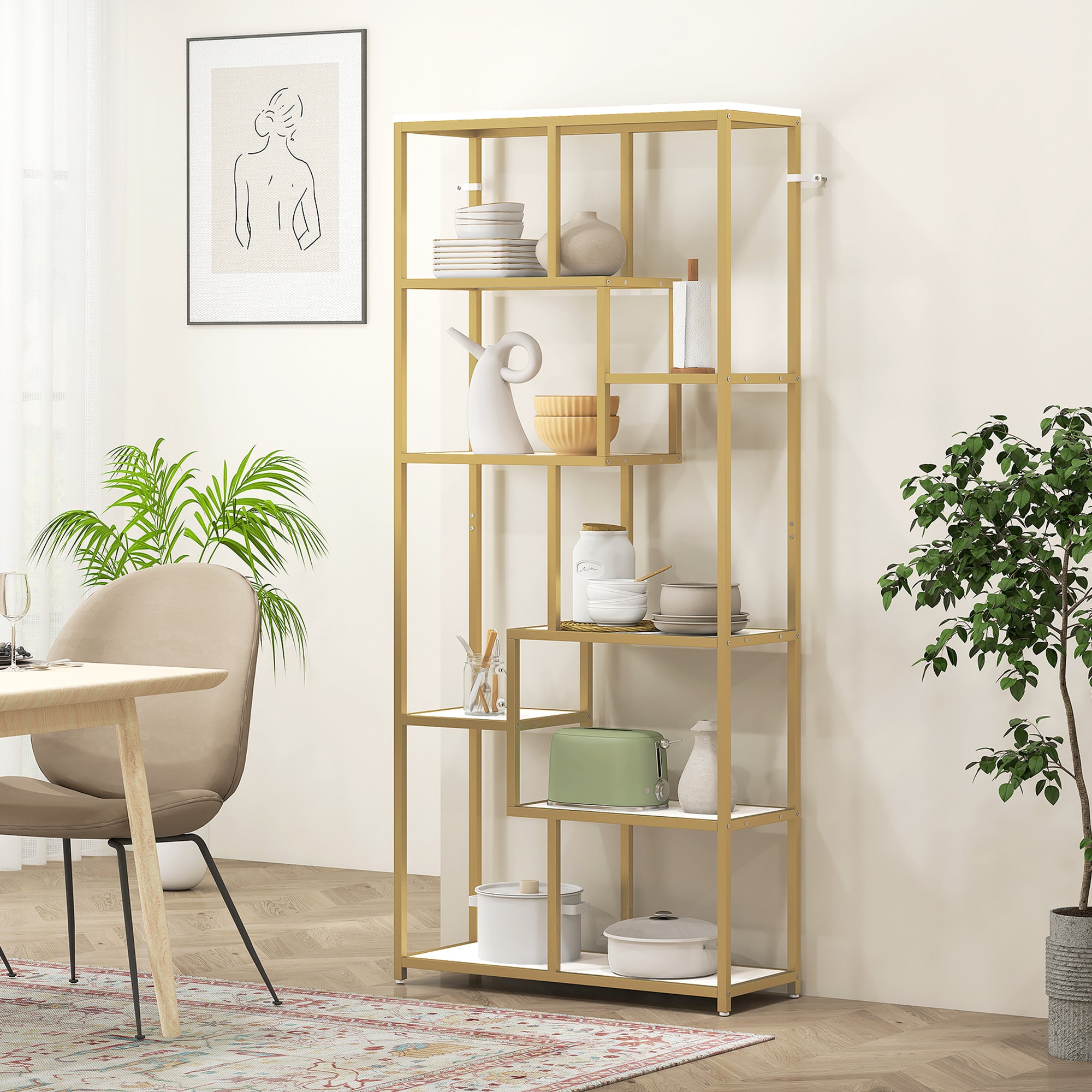 Kozy Seven-Tier Geometric Bookcase - White/Gold Tone