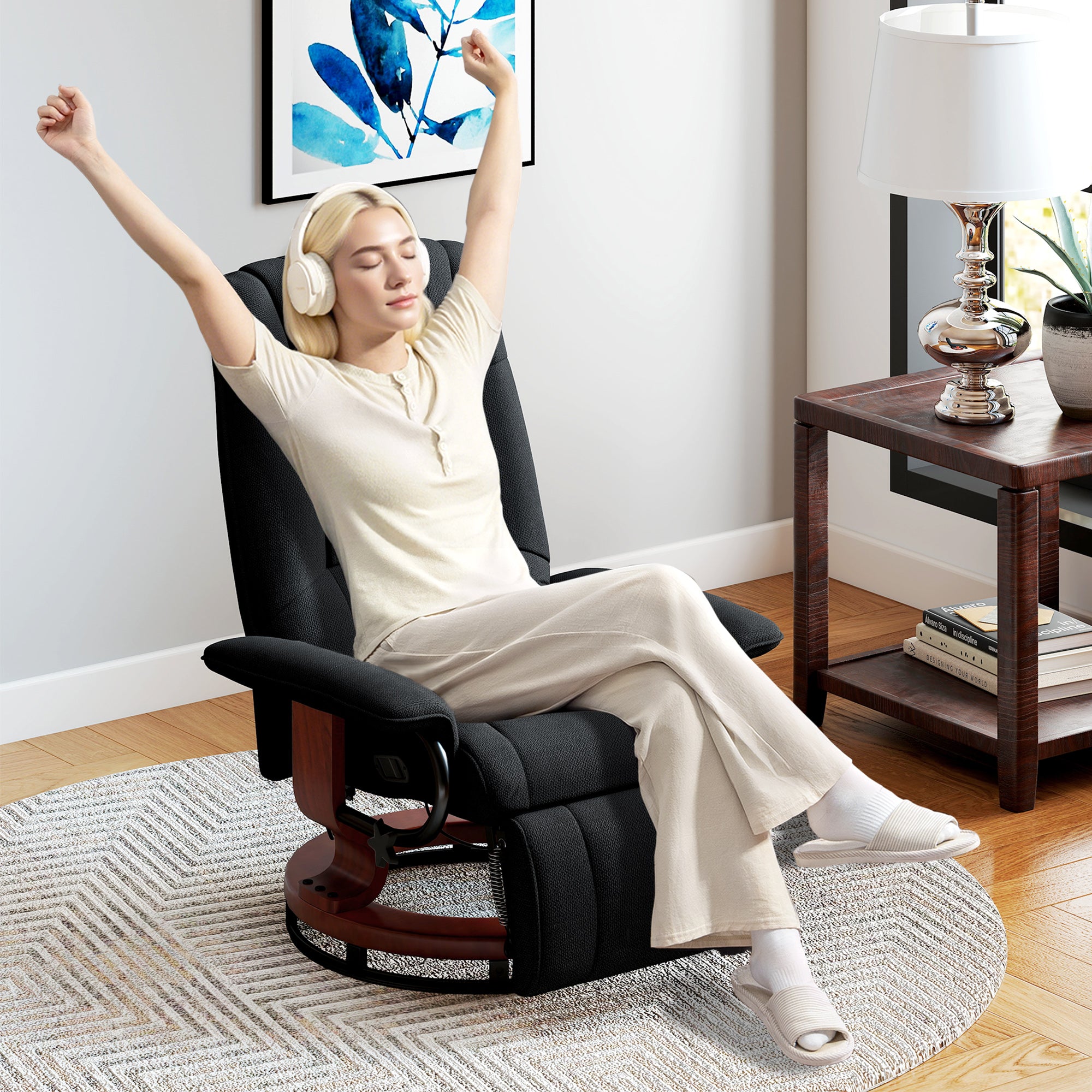 Kozy - Reclining Swivel Chair, with Footrest - Black