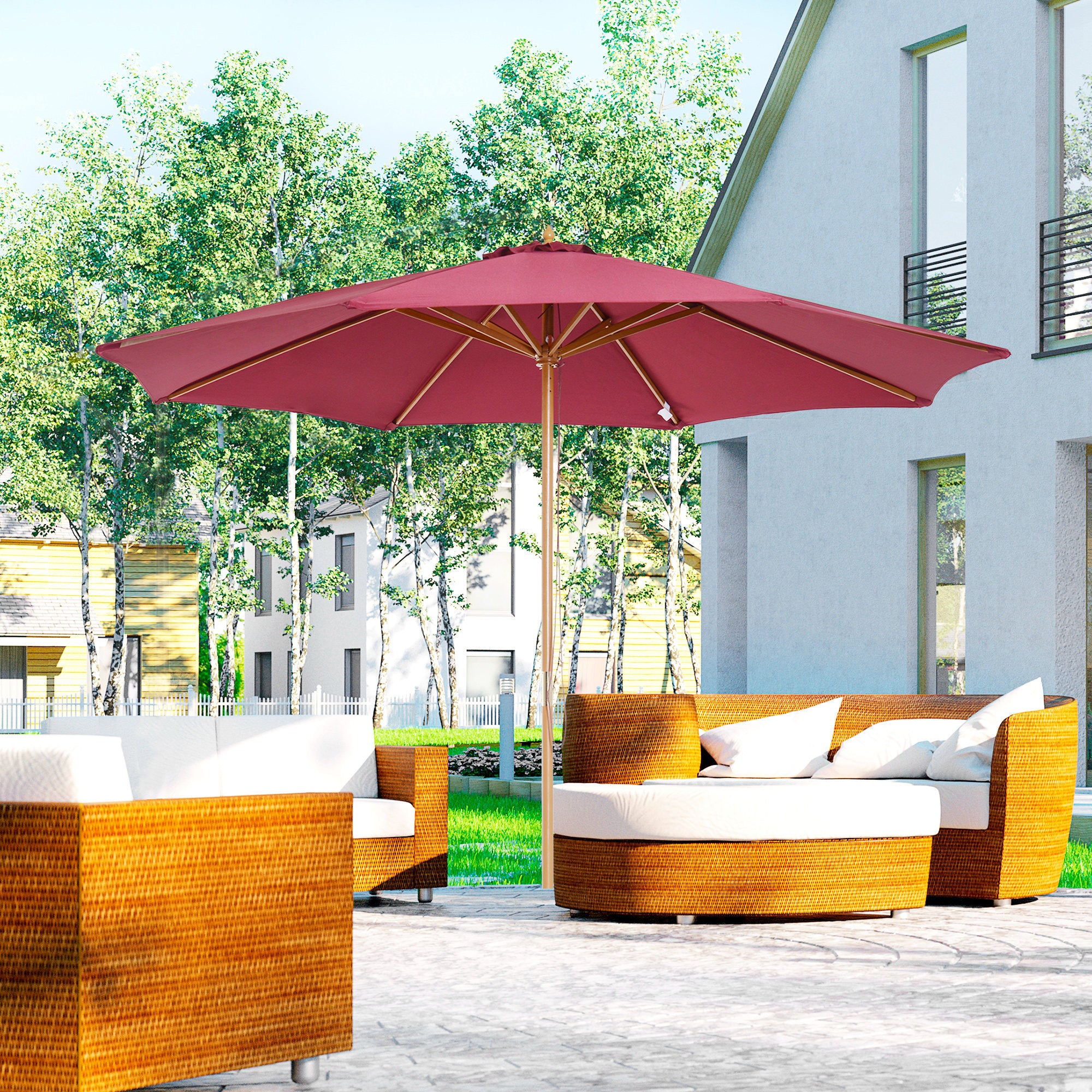 Kozy 3(m) Garden Parasol, Pulley Operated Patio Umbrella, Wooden Table Market Umbrella with Rope Pulley Mechanism and 8 Ribs, Wine Red