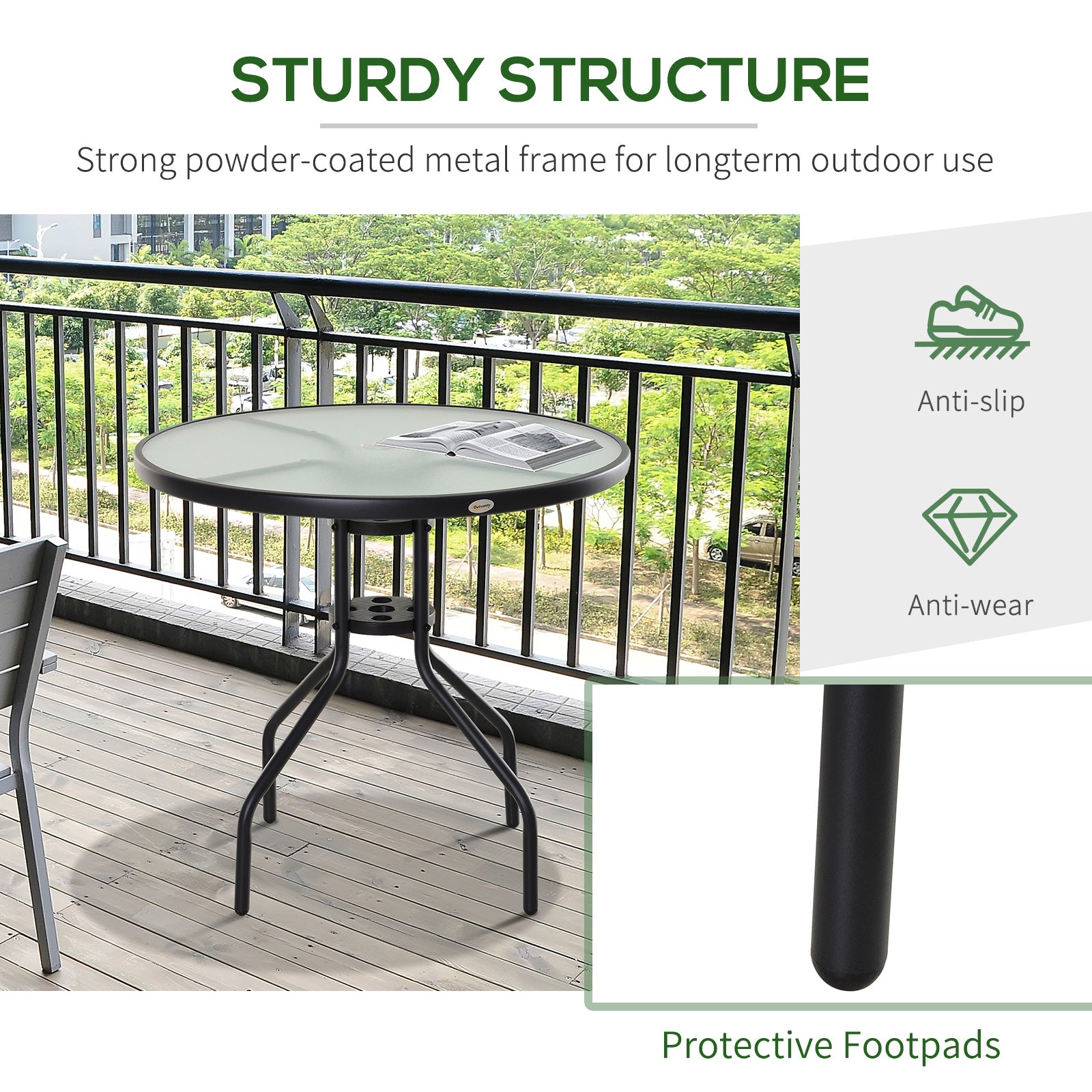 Outsunny Outdoor Dining Table, Round Coffee Table with Parasol Hole, Tempered Glass Top, Garden Side Table, 80cm Diameter