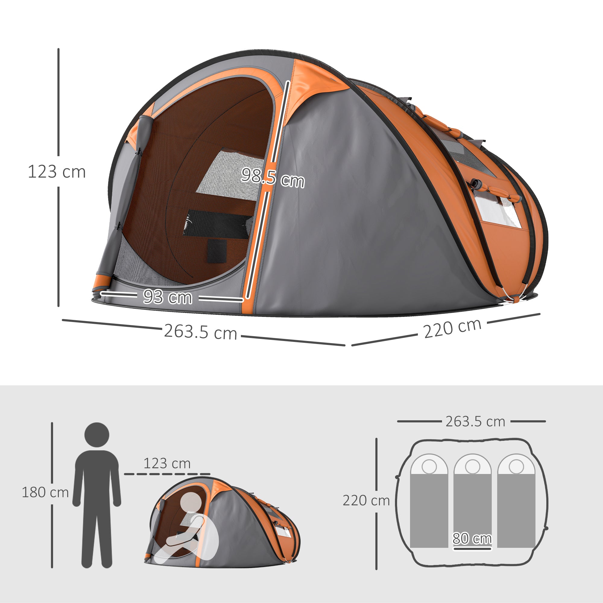Kozy 4 Person Pop-up Camping Tent Family Tent with Ground Sheet, 4 Windows and Portable Carry Bag for Beach Outdoor Trip, Orange