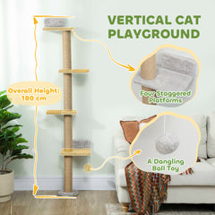 Kozy - Wall Mounted Cat Shelves, Cat Climbing Wall with 4 Climbing Platforms, Jute Scratching Post and Toy Ball,180cm Tall, Light Grey