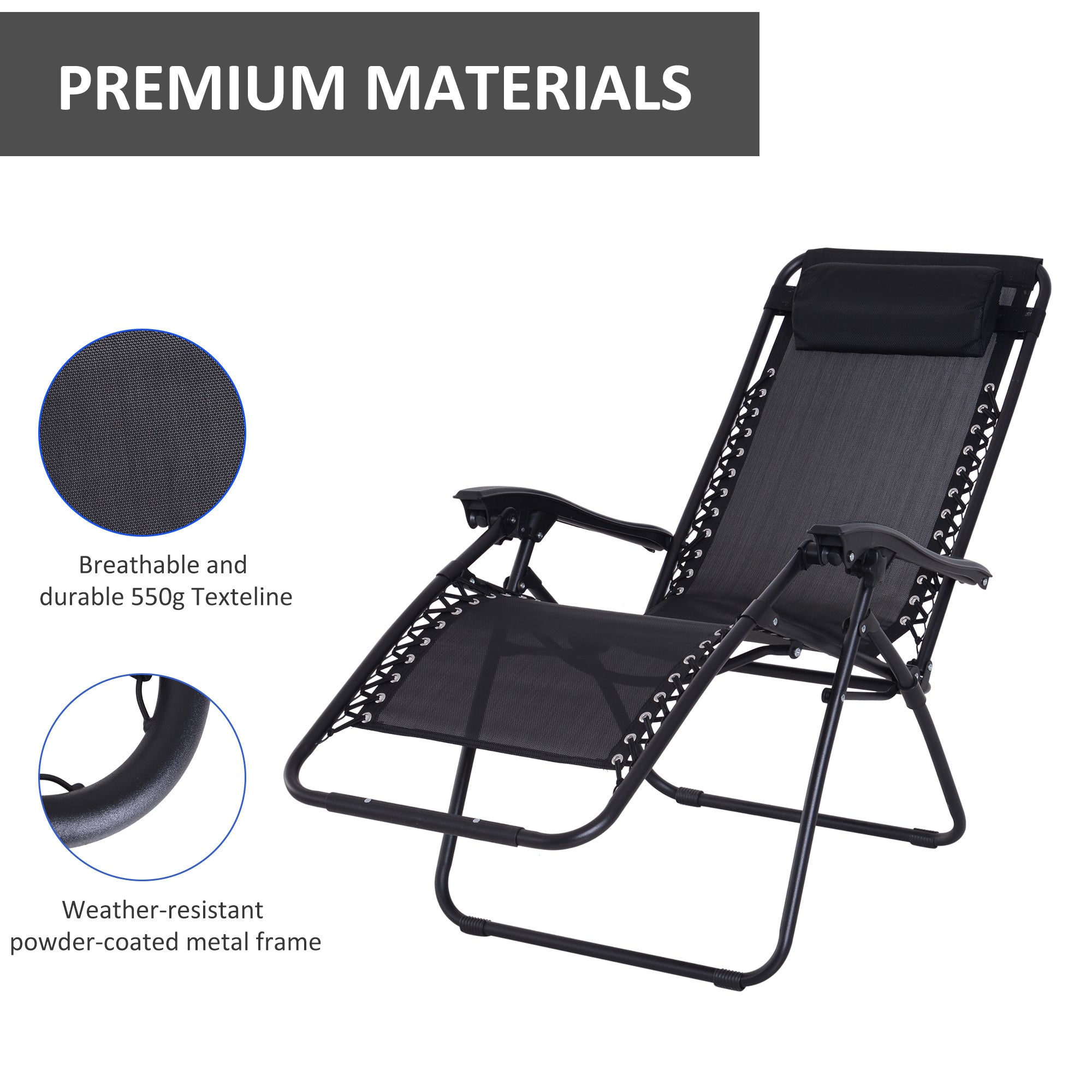 Outsunny Zero Gravity Chair, Metal Frame Outdoor Folding & Reclining Sun Lounger with Head Pillow for Patio, Decking, Gardens, Camping, Black