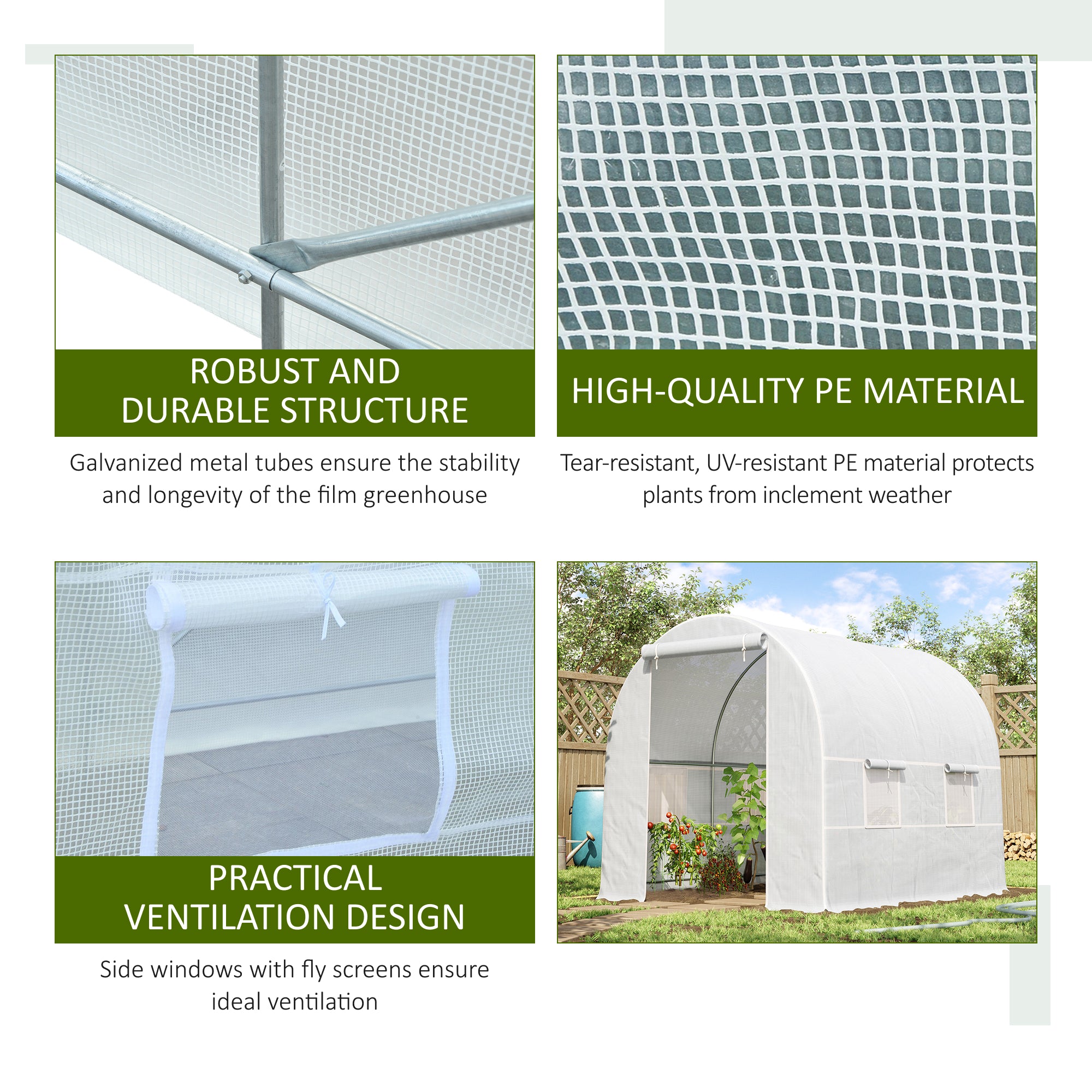 Kozy 2.5 x 2 x 2 m Polytunnel Greenhouse, Walk-in Green House for Garden with Mesh Windows, Galvanised Steel Frame, White