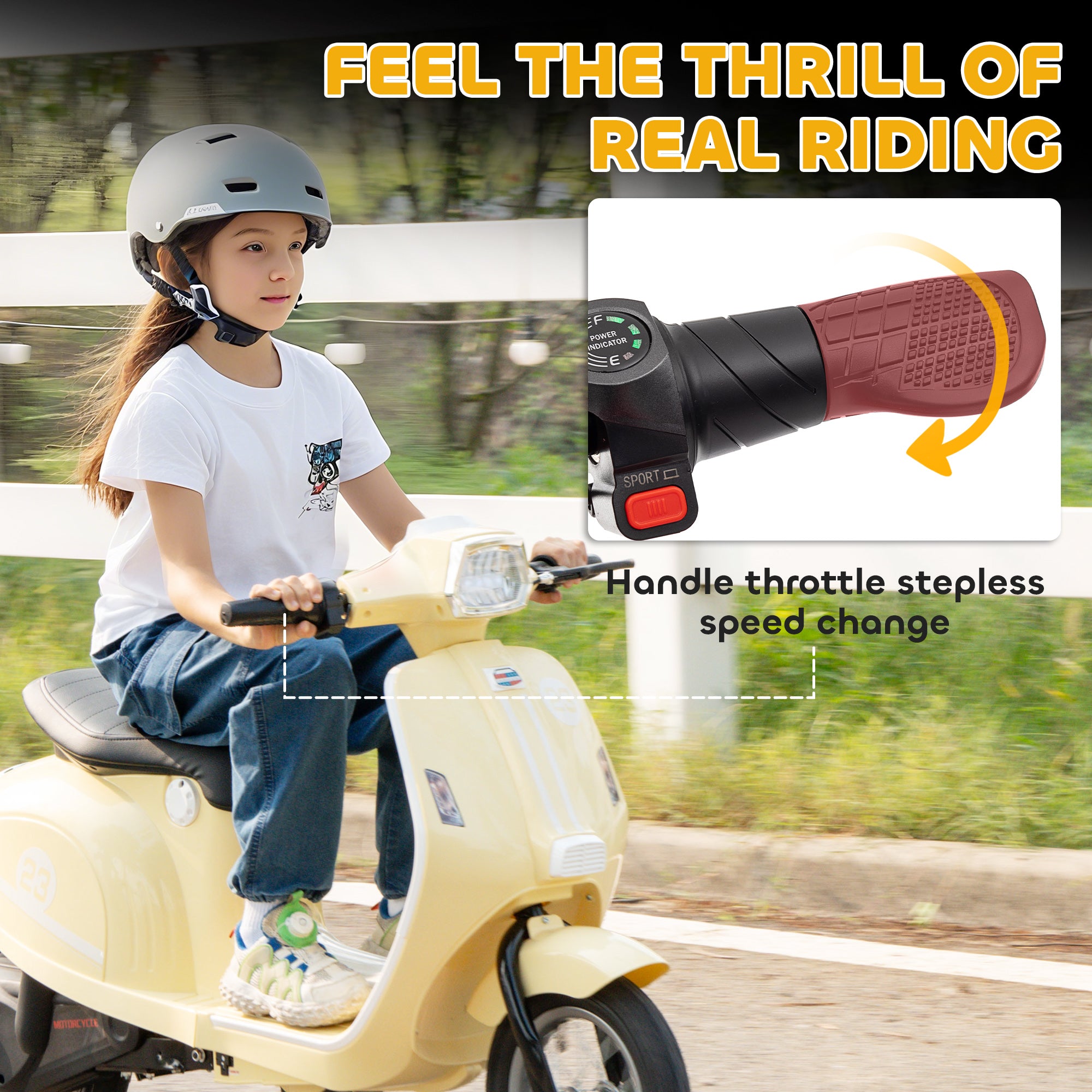 Kozy 24V Kids Electric Motorbike, Ride on Motorcycle with Manual Throttle, Brakes and LED Lights for Ages 8-12 Years, Beige