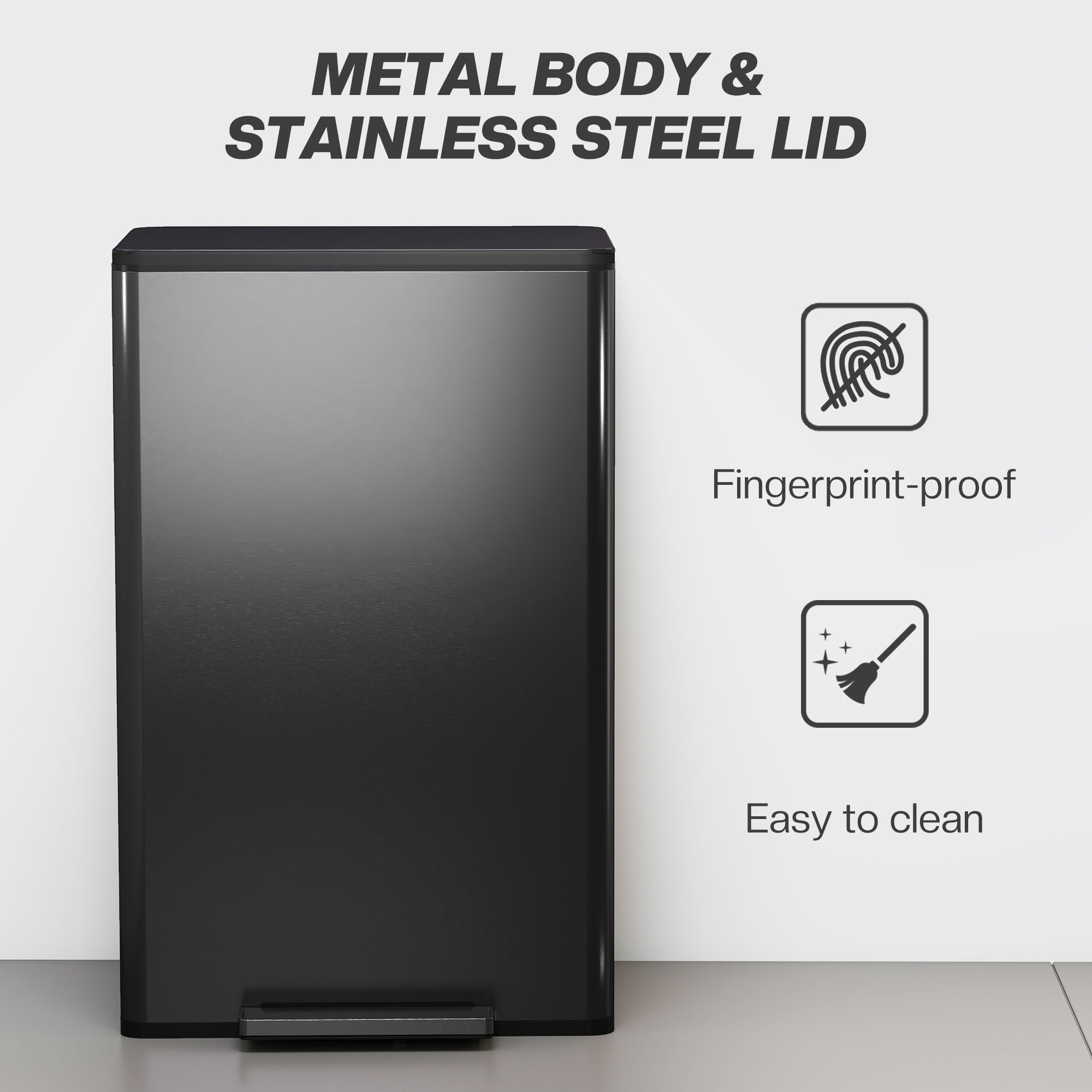 Kozy 45L Kitchen Bin, Pedal Bin with Soft-Close and Stay-Open Lid, Removable Inner Bucket, Odor Control for Kitchen, Office