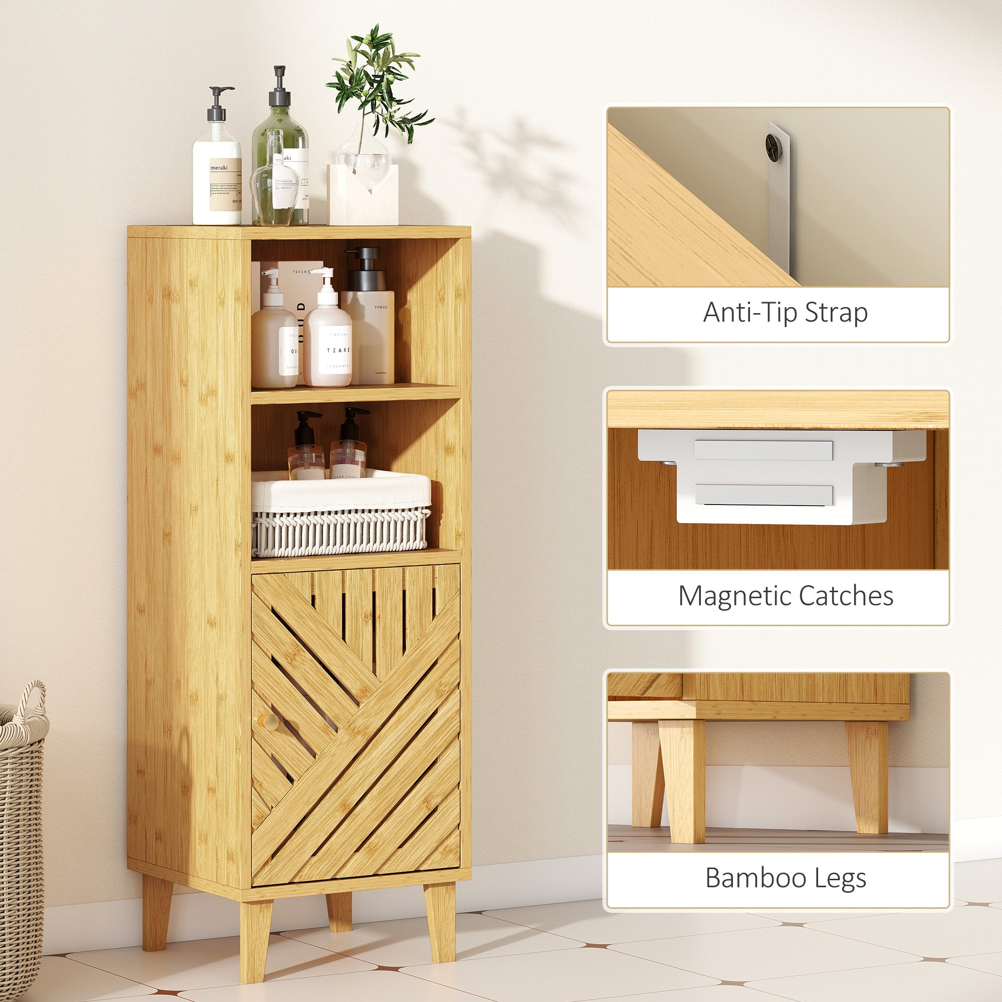 Kozy - Slim Bathroom Cabinet with Bamboo Door and Legs, Narrow Bathroom Storage Cabinet, Freestanding Storage Cupboard with Open Compartments, 32 x 30 x 90 cm, Natural Wood Finish