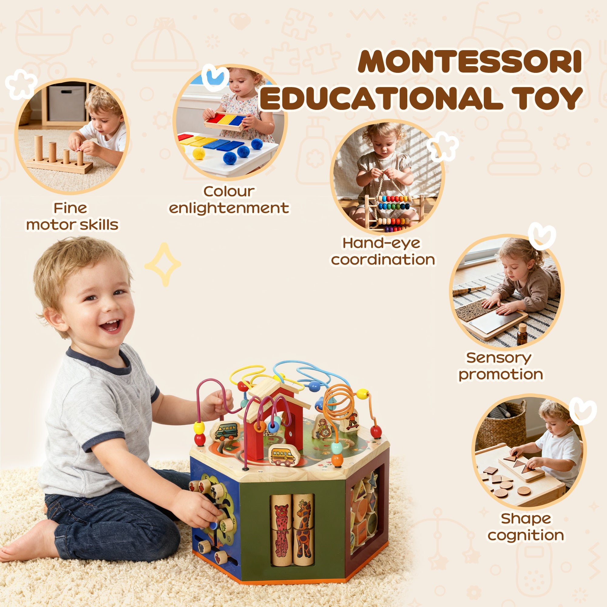 Kozy 8 in 1 Wooden Activity Cube with Bead Maze, Shape Sorter, for Kids Boys Girls 18+ Months