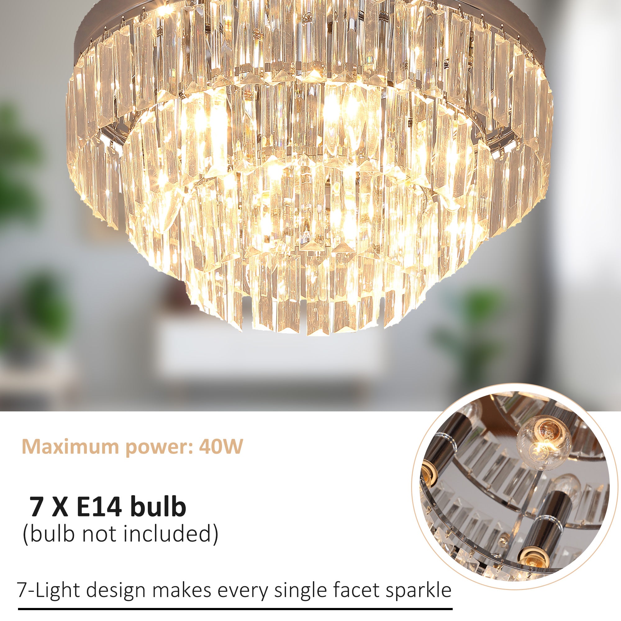 HOMCOM Round Crystal Ceiling Light 7 Lights Chandelier Mounted Fixture