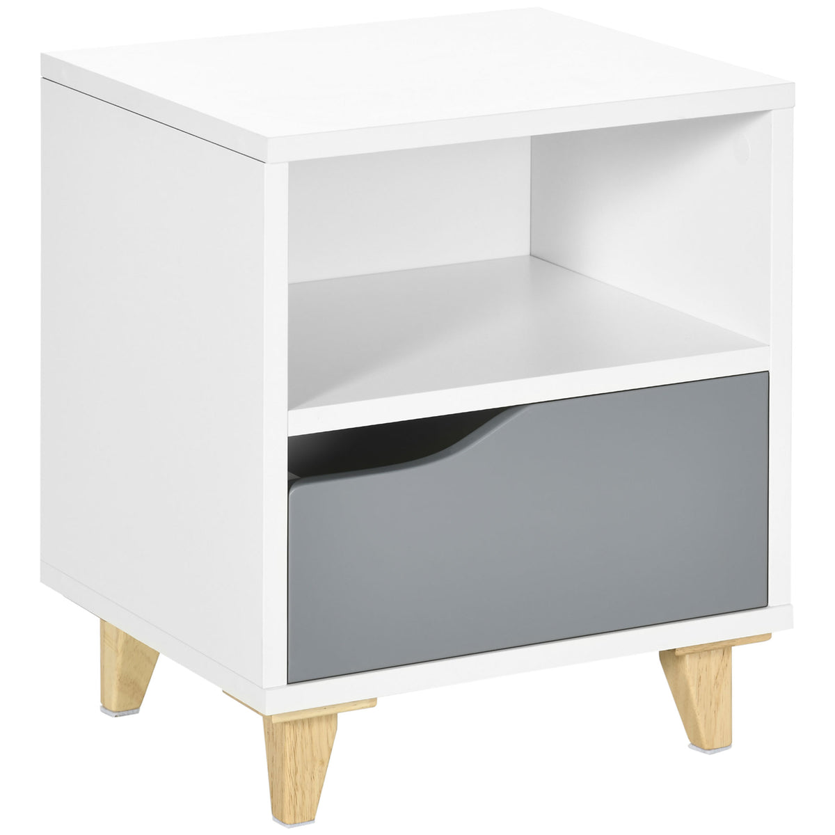 Kozy Modern Bedside Table, Side End Table with Shelf, Drawer and Wood Legs, 36.8cmx33cmx43.8cm, White and Grey