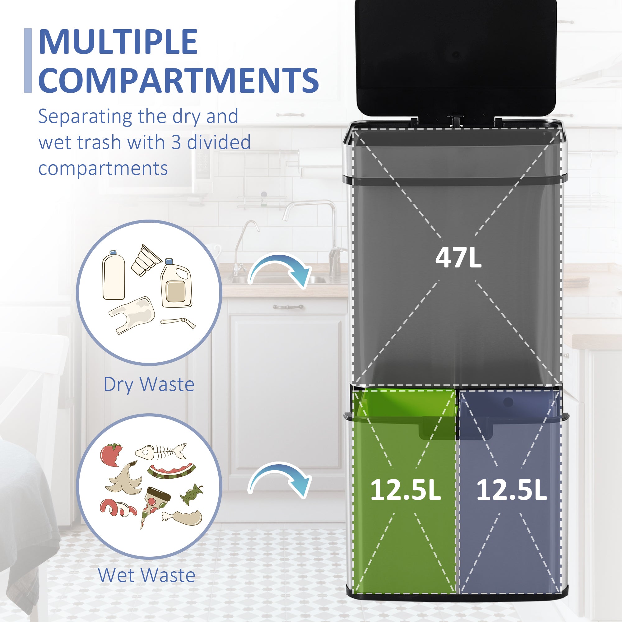 HOMCOM 72L Recycling Sensor Bin, Stainless Steel 3 Compartments for Both Wet or Dry Waste with Removable Lid Kitchen Home