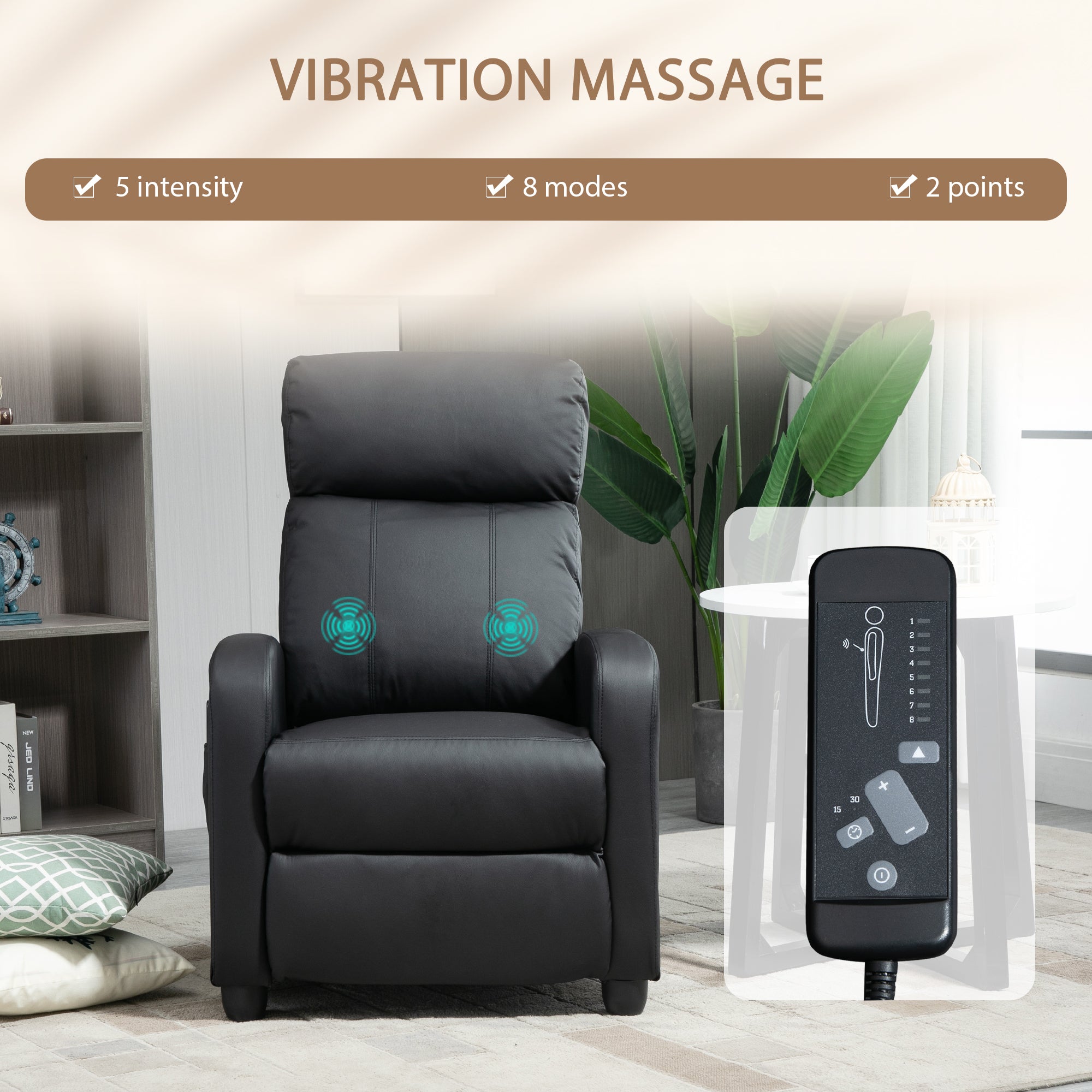 Kozy Massage Recliner Armchair with 150° Recline, Faux Leather, Side Pocket, Black