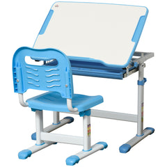 Kozy Kids Desk and Chair Set, Height Adjustable Student Writing Desk, Children School Study Table with Tiltable Desktop, Drawer, Pen Slot, Hook - Blue