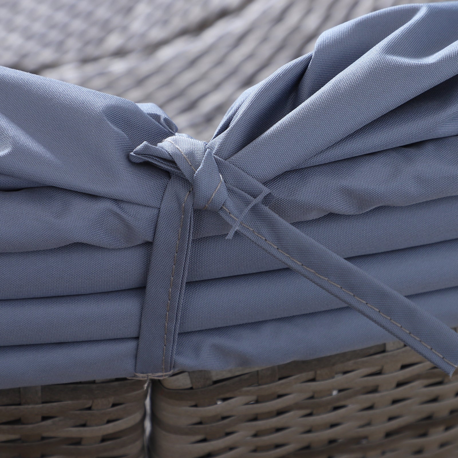 Kozy Outdoor PE Rattan Garden Furniture with Cushioned, Patio Wicker Conversation Furniture Set, Round Daybed with Retractable Canopy, Coffee Table and Three Pillows, Grey/Blue Grey