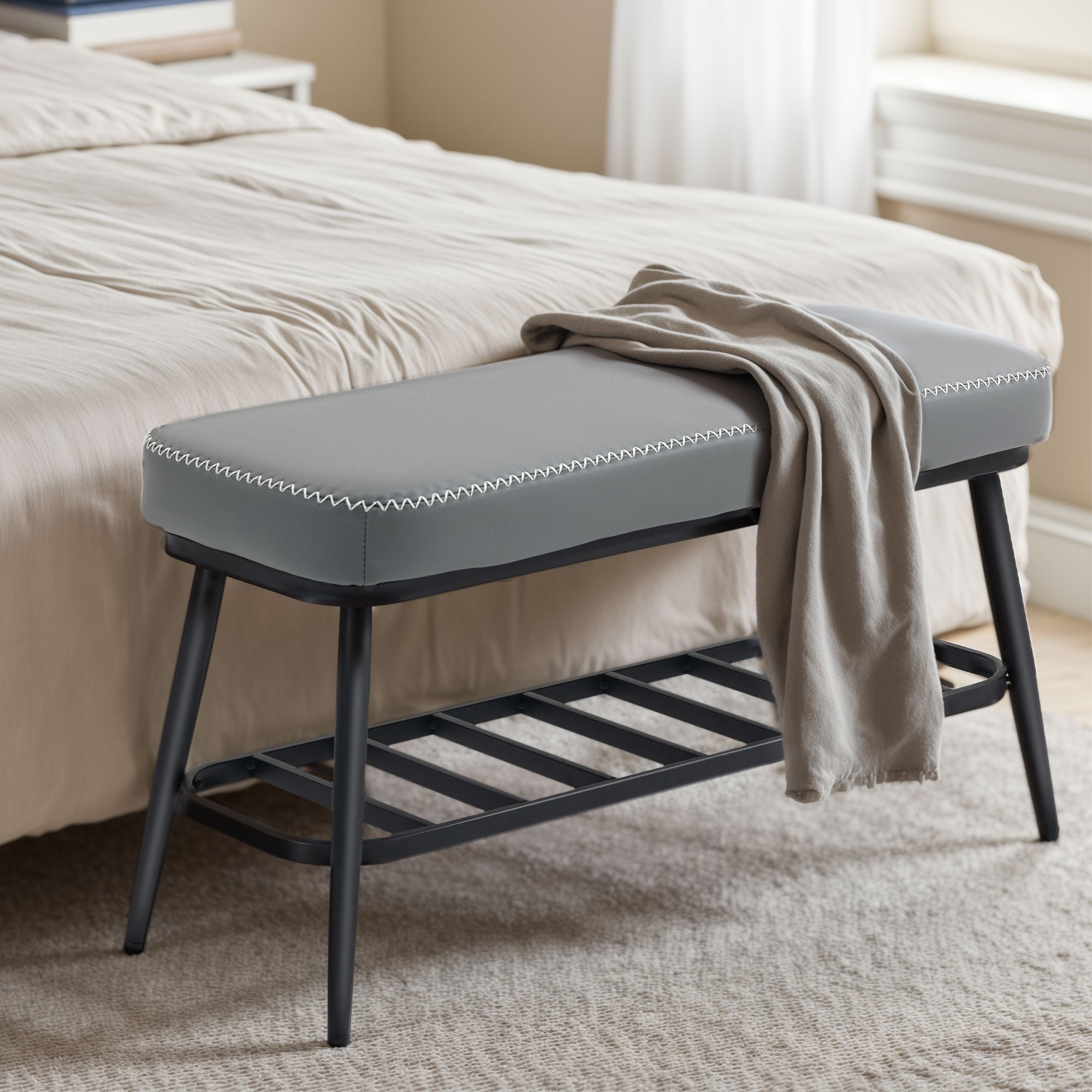 Kozy - PU Leather Shoe Storage Bench - Grey