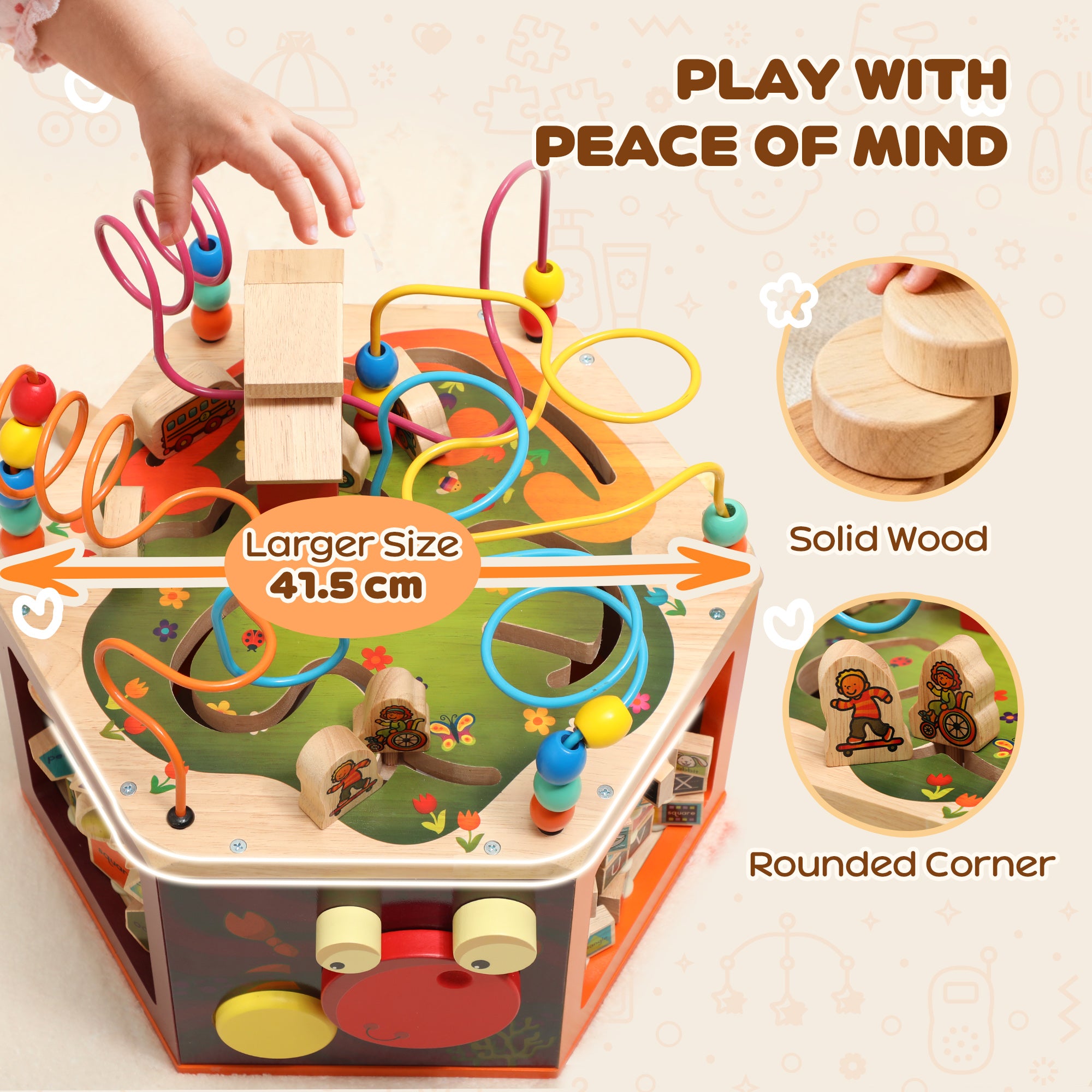 Kozy 8 in 1 Wooden Activity Cube with Bead Maze, Shape Sorter, for Kids Boys Girls 18+ Months