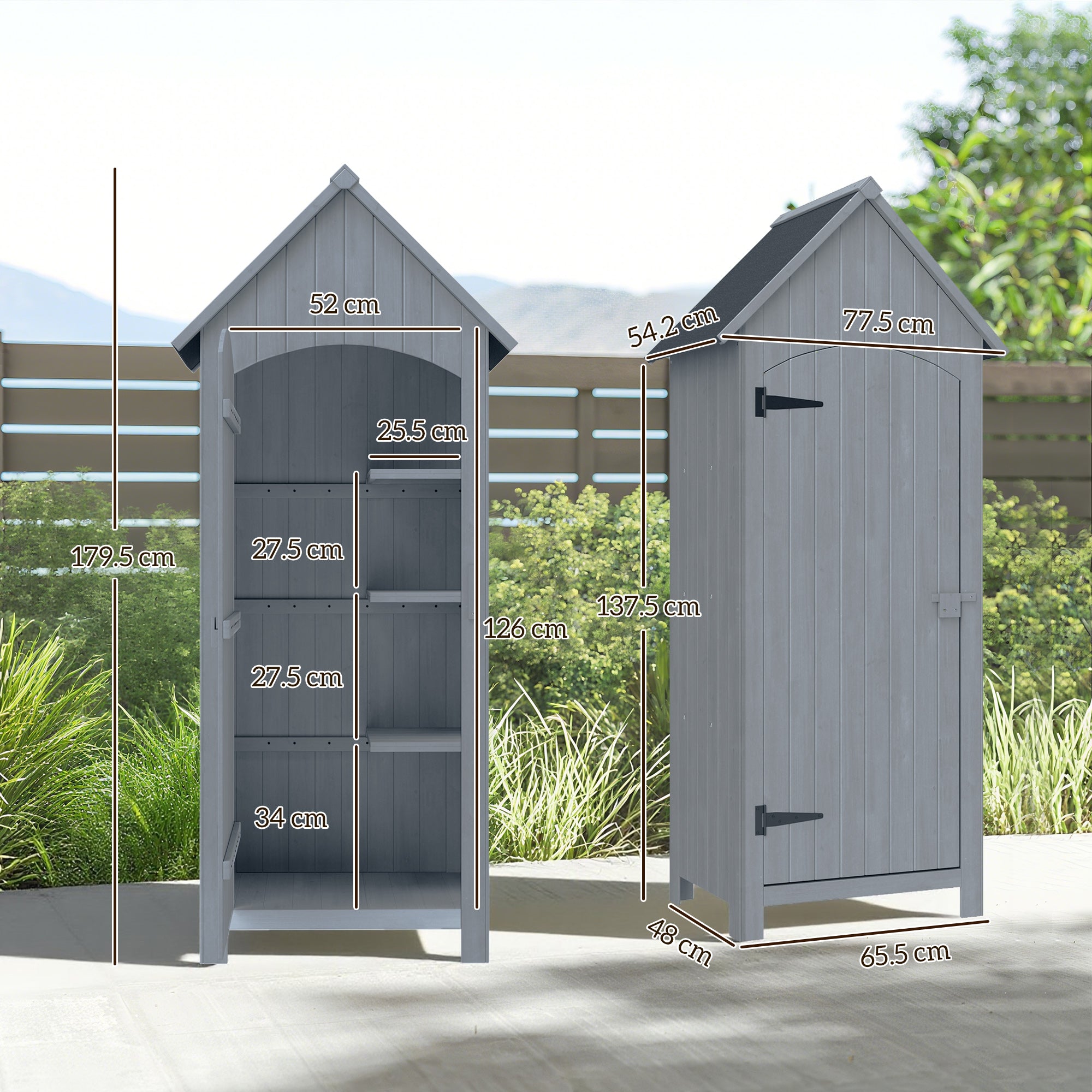 Kozy Wooden Garden Storage Shed with 3 Shelves, Outdoor Tool Storage Cabinet with Tilt Roof and Lockable Door, 77.5 x 54.2 x 179.5 cm, Grey