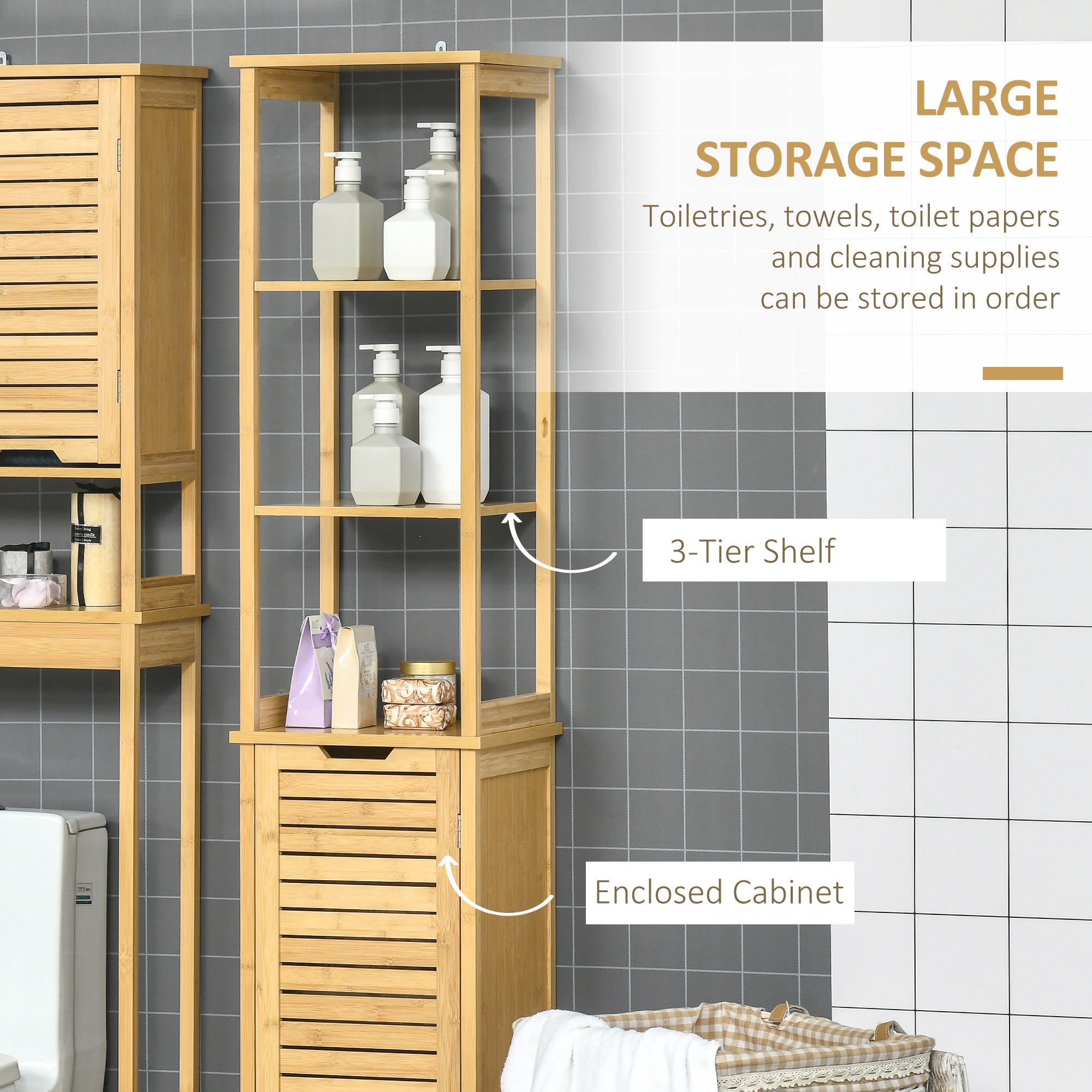 Kozy Tall Bathroom Cabinet, Slim Storage Cabinet, Tallboy Bamboo Storage Unit with 3-Tier Storage Shelves and Freestanding Organiser, Natural