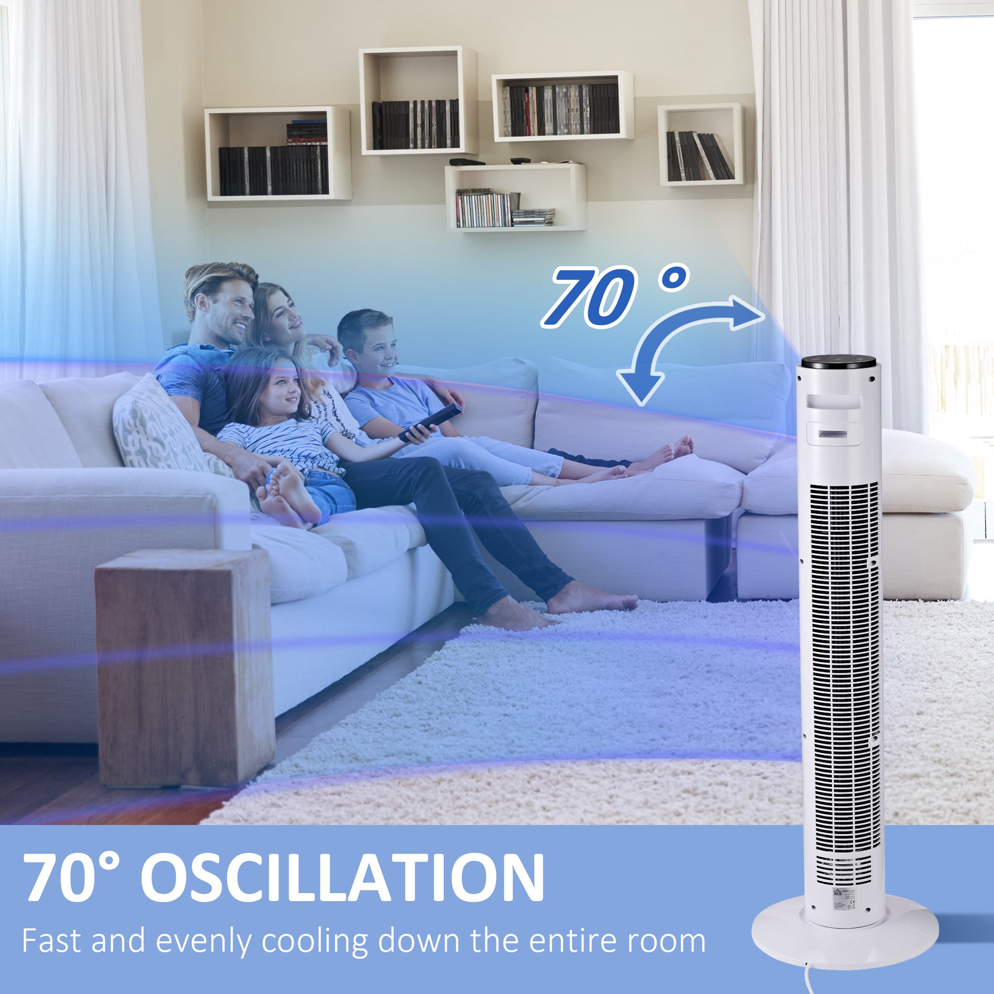 HOMCOM Freestanding 38'' Tower Fan with 3 Speeds, 3 Modes, 12h Timer, 70 Degree Oscillation, LED Panel, Remote Control, White