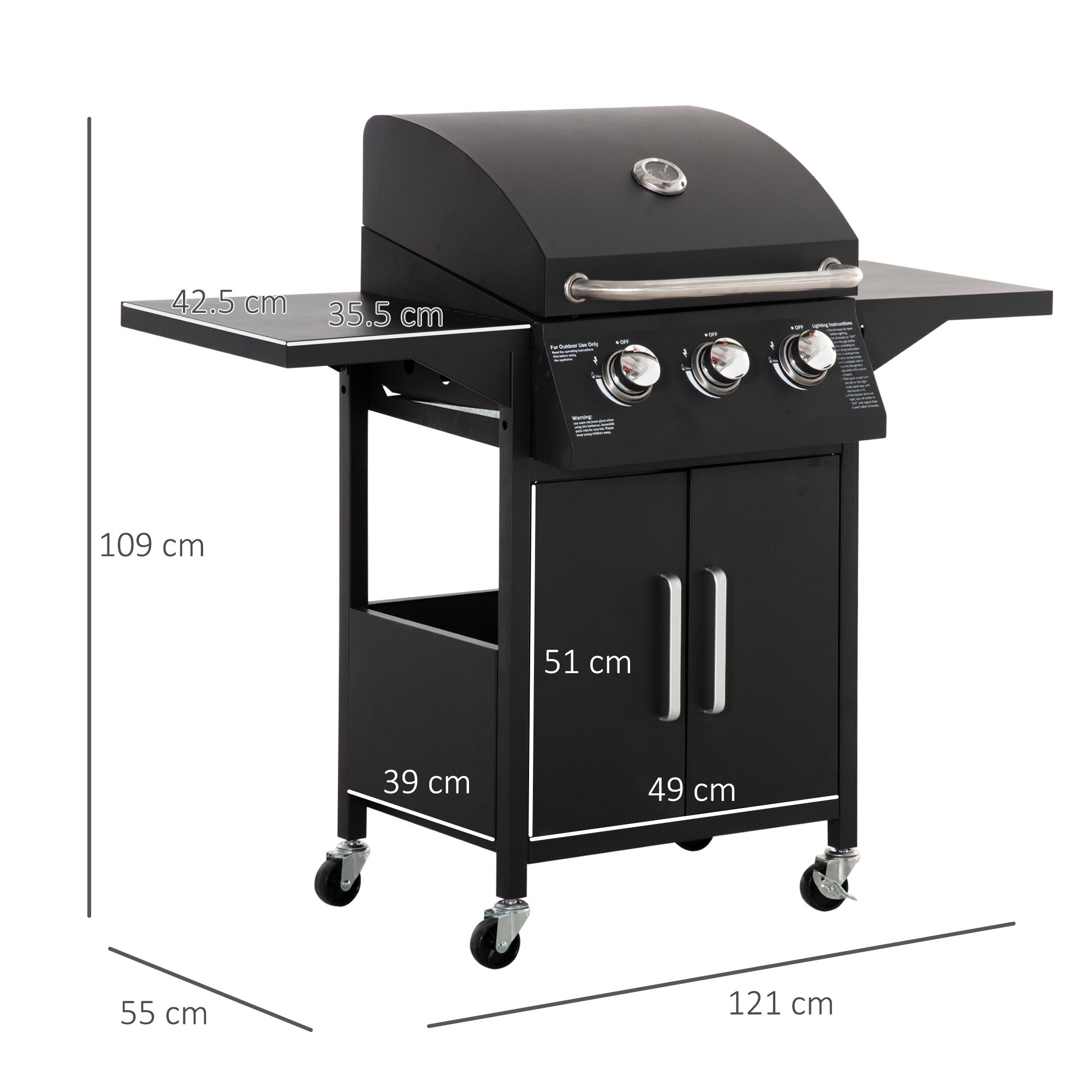 Kozy 3 Burner Gas BBQ Grill Outdoor Portable Barbecue Trolley w/ Warming Rack, Side Shelves, Storage Cabinet, Thermometer, Carbon Steel, Black