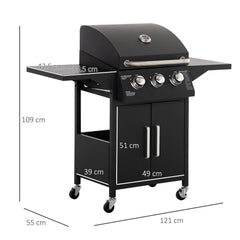 Kozy 3 Burner Gas BBQ Grill Outdoor Portable Barbecue Trolley w/ Warming Rack, Side Shelves, Storage Cabinet, Thermometer, Carbon Steel, Black