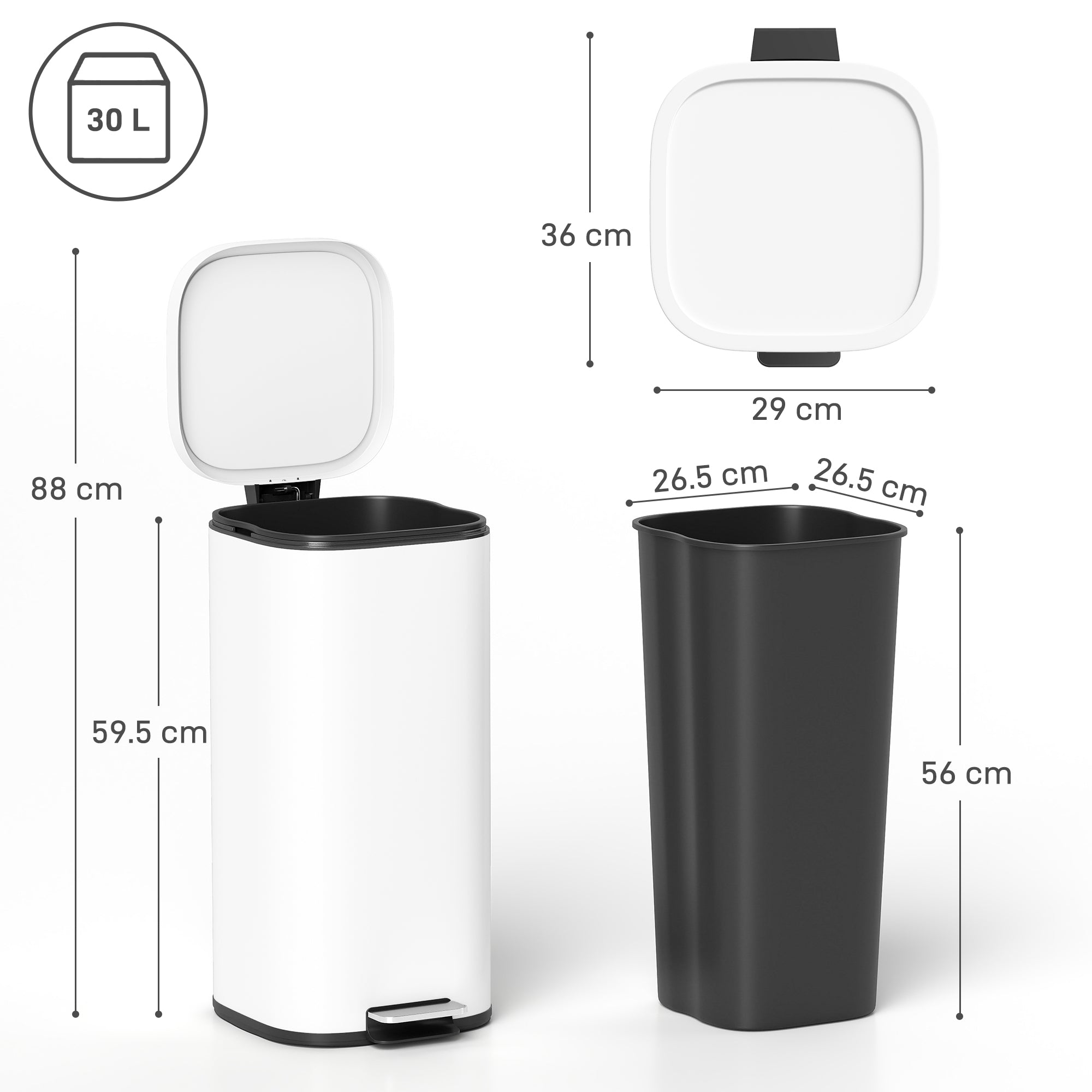 Kozy 30L Kitchen Bin, Compact Pedal Bin with Soft-Close and Stay-Open Lid, Removable Bucket for Kitchen, Home, Office, White