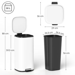 Kozy 30L Kitchen Bin, Compact Pedal Bin with Soft-Close and Stay-Open Lid, Removable Bucket for Kitchen, Home, Office, White