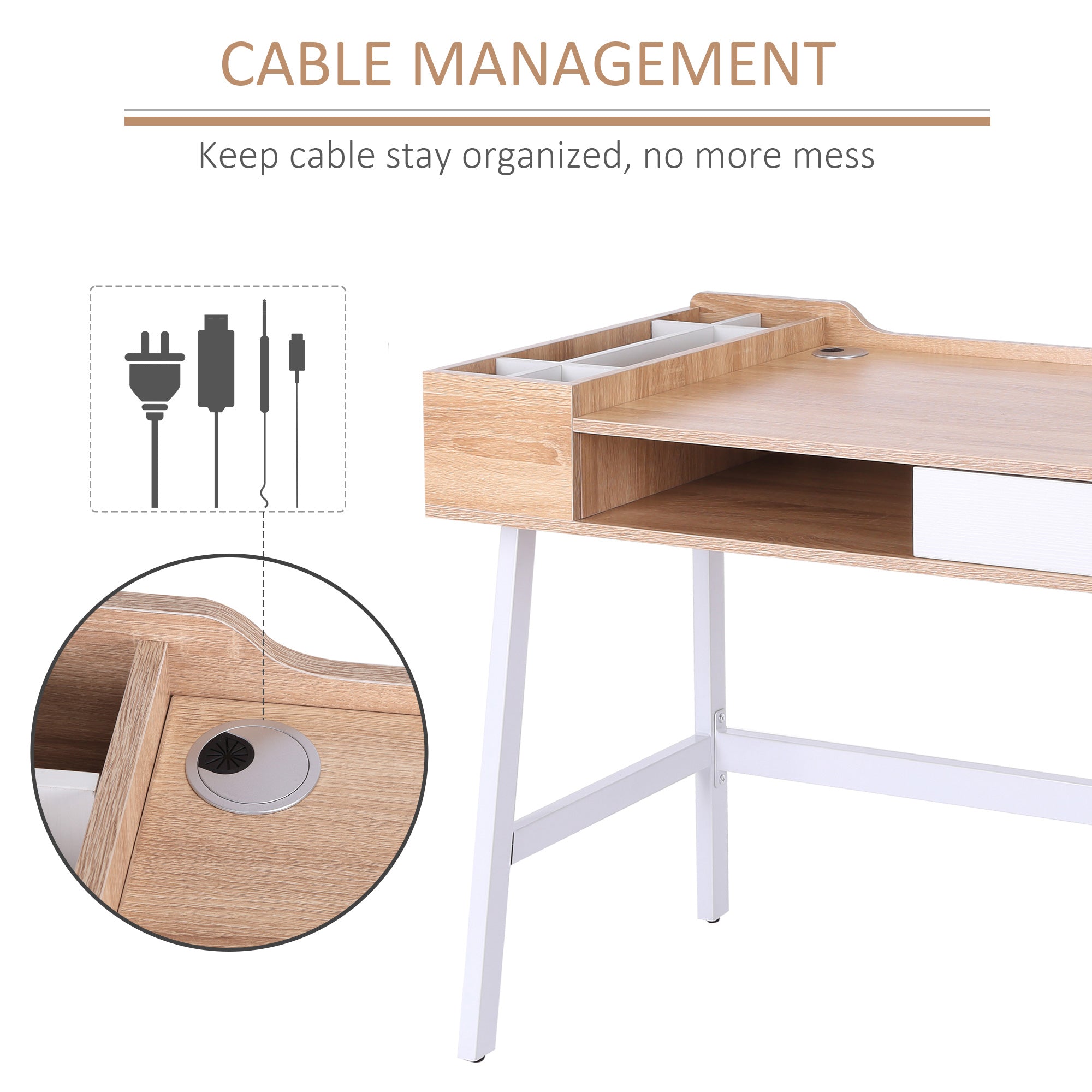 Kozy Computer Desk, Writing Desk, Study Workstation with Drawer, Storage Compartments, Cable Management, Laptop Table, Metal Frame, 100 x 55 x 81.5cm, Oak and White