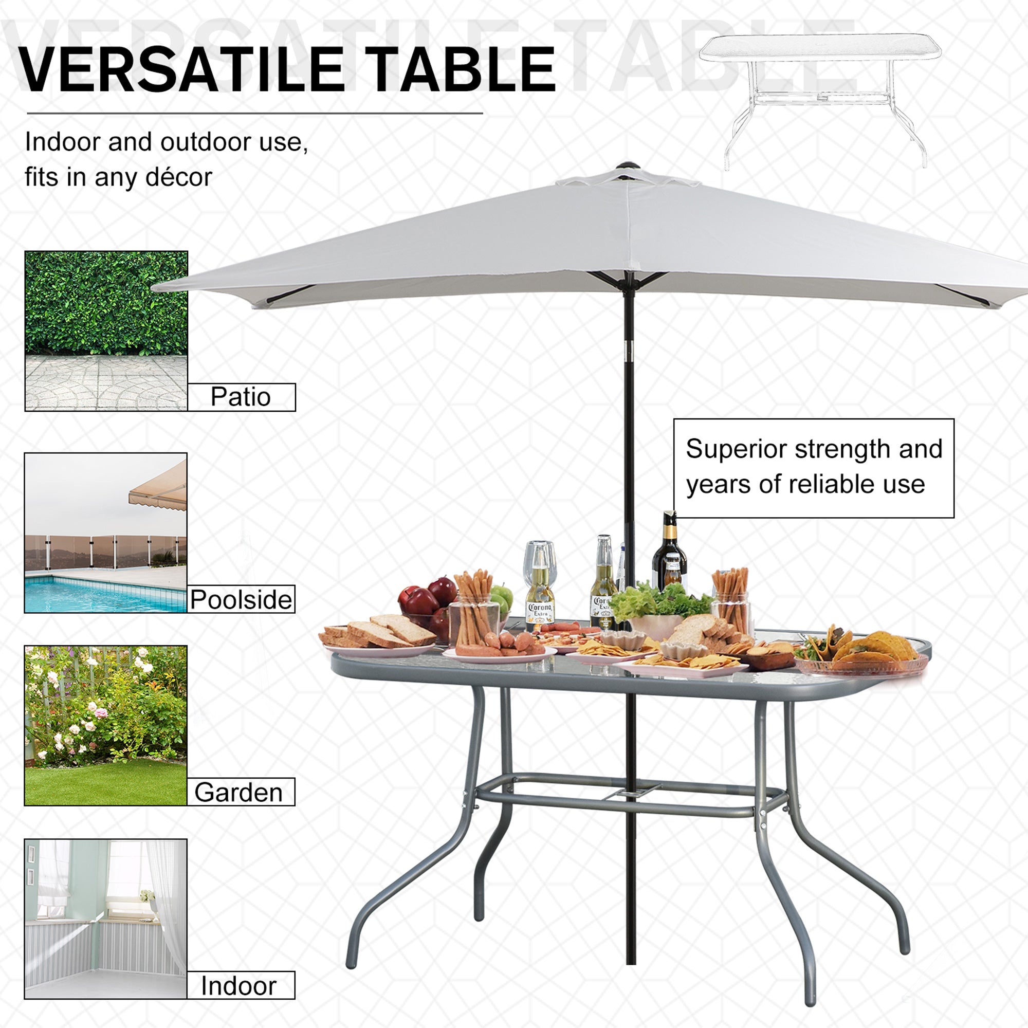 Kozy Garden Dining Table Glass Top Metal Frame with Parasol Hole Outdoor Balcony Grey 140L x 80Wcm