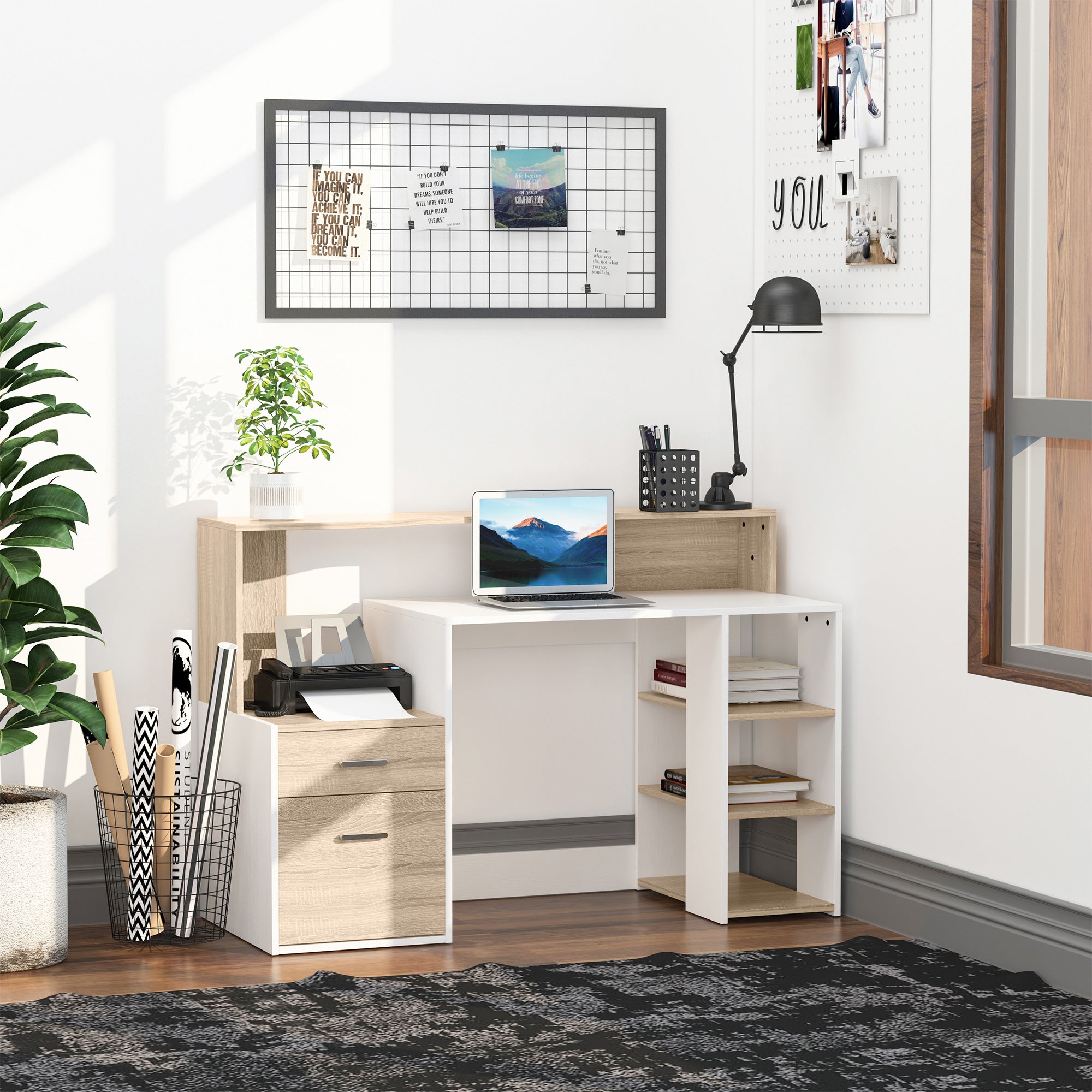 Kozy Computer Desk with Drawers and Storage Shelves, Office Desk Writing Table with Printer Stand, Large Workstation for Study Play Work Home Office, 137 x 55 x 92cm, Oak