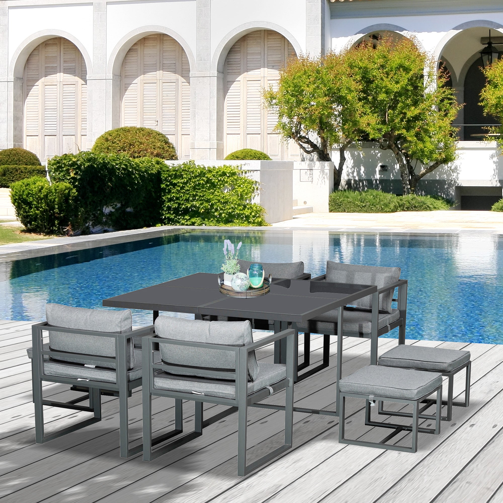 Kozy 9PCs Patio Aluminium Dining Set, Space Saving Cube Set with 4 Chairs, 4 Ottoman, Cushions, 8 Seater Garden Furniture