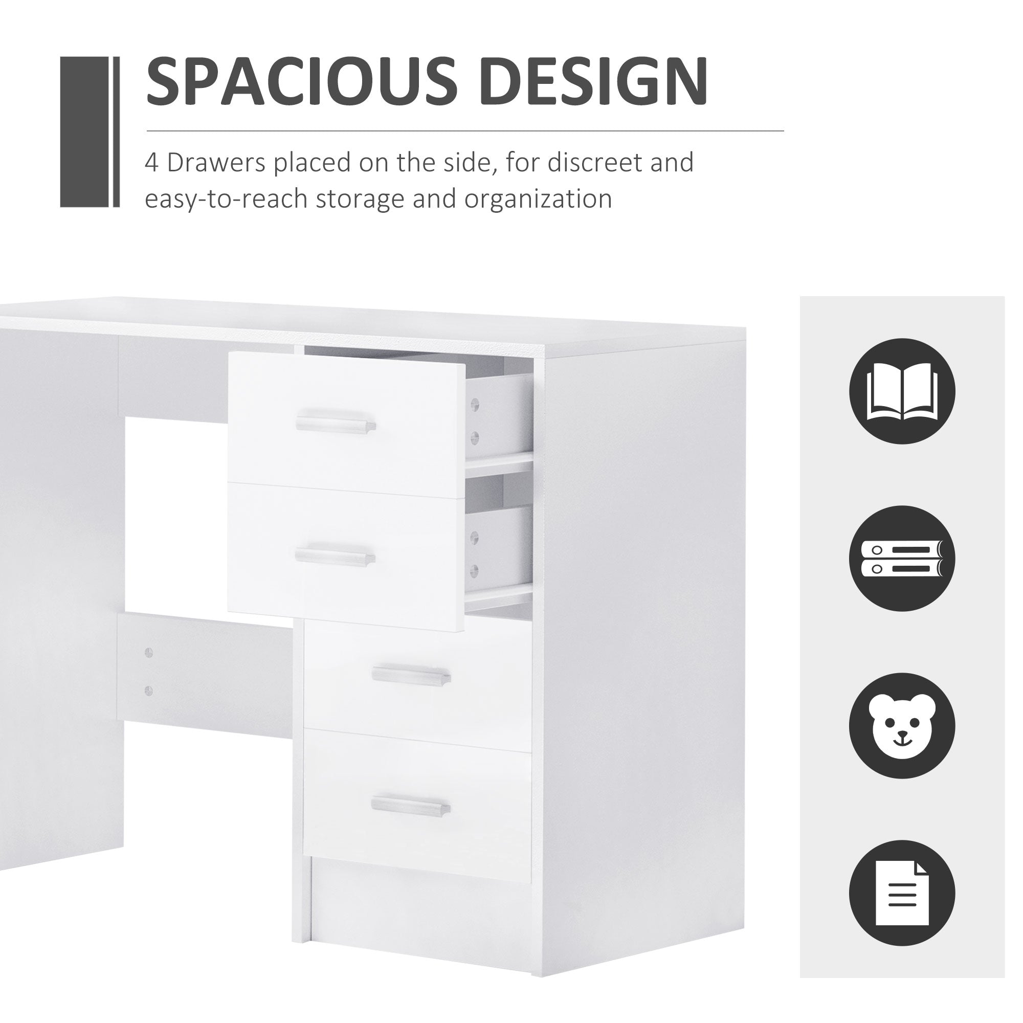 HOMCOM Computer Writing Desk with 4 Drawers, High Gloss Home Office Workstation, White