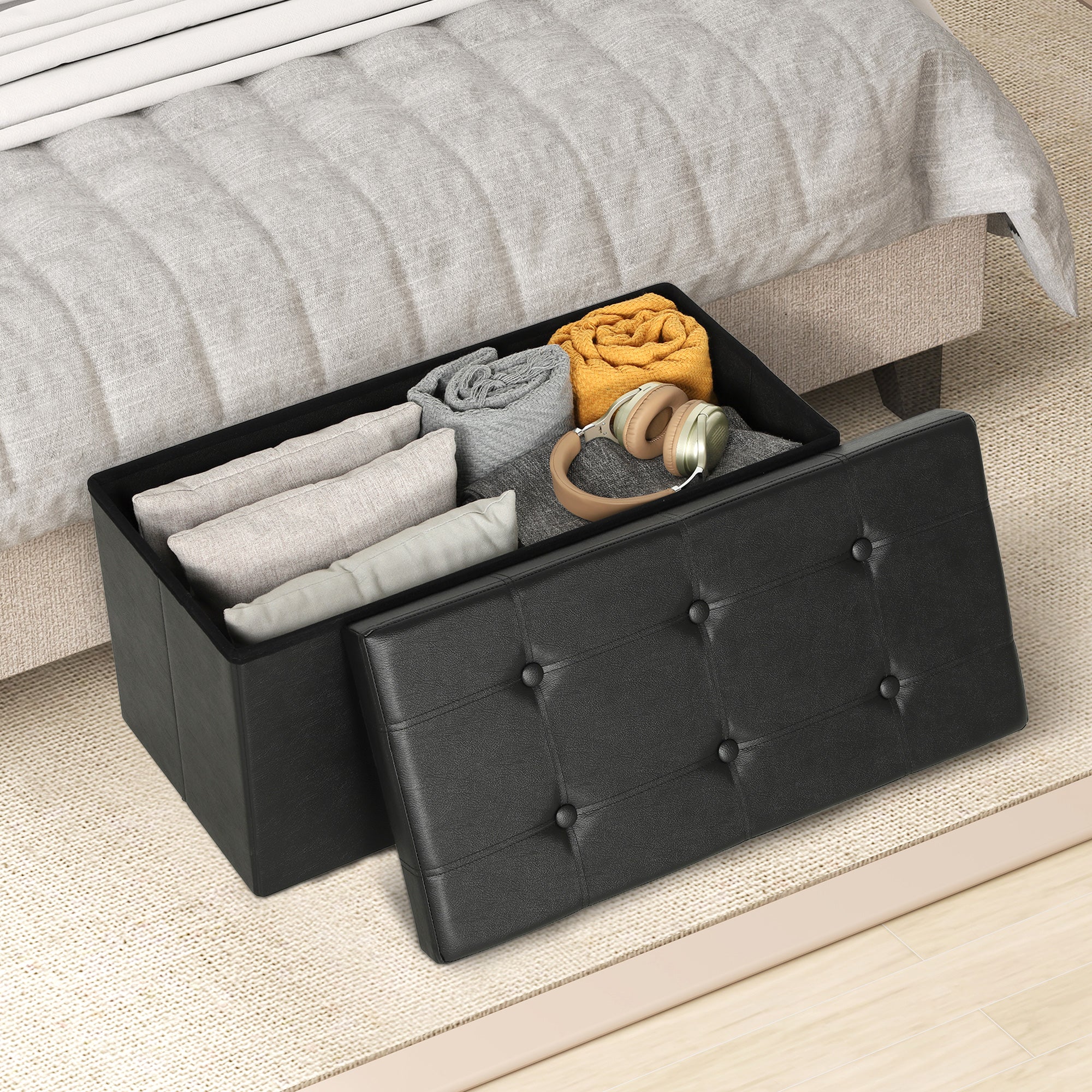 Kozy Storage Ottoman Bench, 89L PU Leather Folding Foot Rest Stool, End of Bed Bench, Easy Assembly, for Living Room, Bedroom, Entryway, Grey