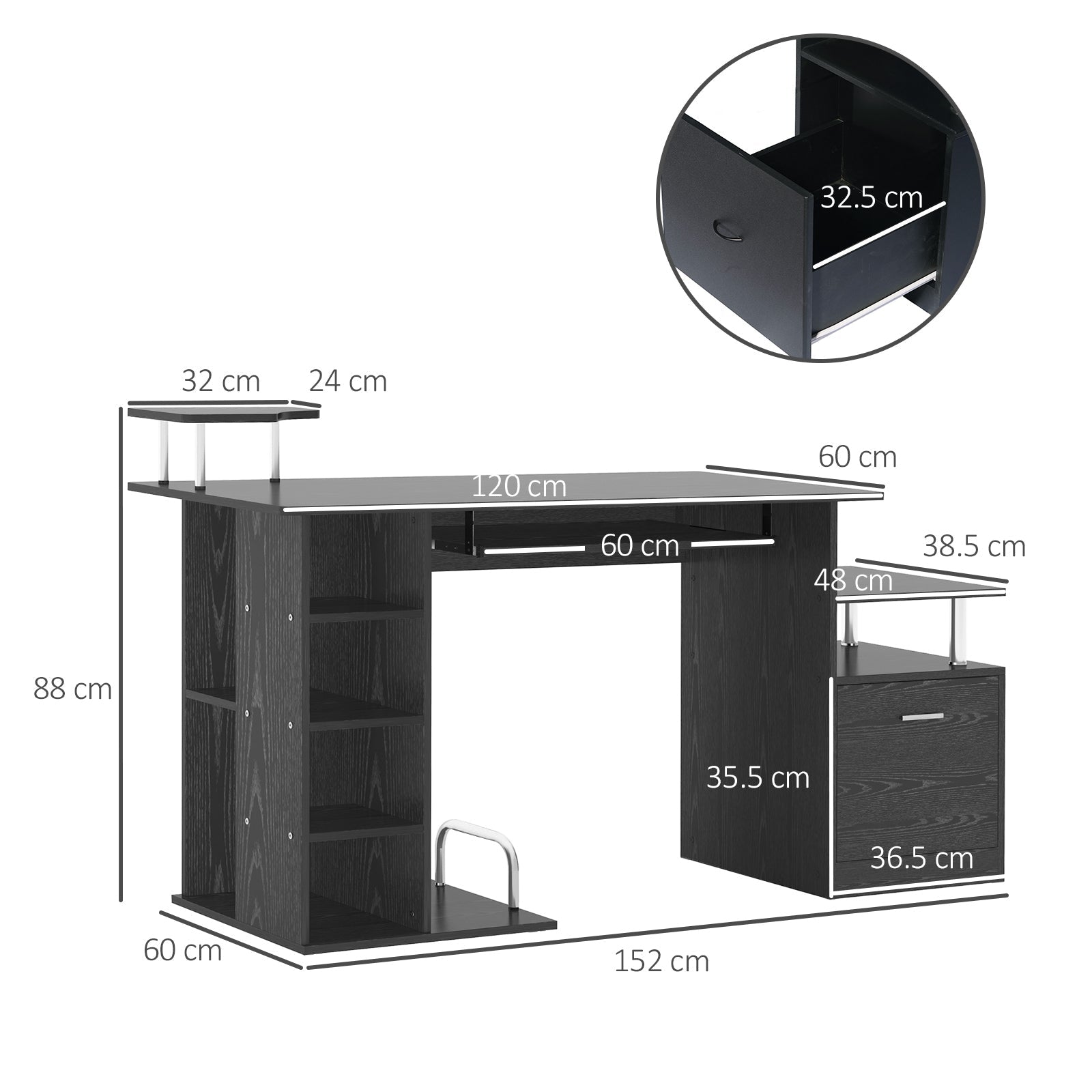 HOMCOM Computer Desk PC Workstation with Drawer Shelves CPU Storage Rack Home Office Furniture (BLACK) | Aosom UK