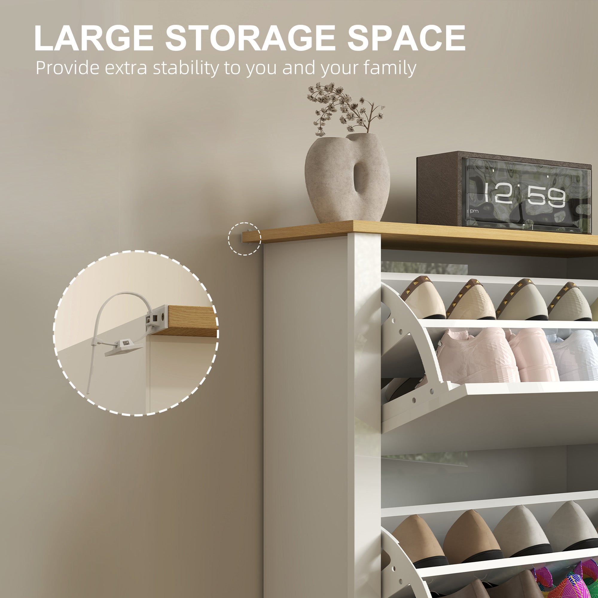 Kozy Slim Shoe Cabinet, Narrow Shoe Cupboard with 3 Flip Drawers, Adjustable Shelves for 18 Pairs of Shoes, High Gloss White