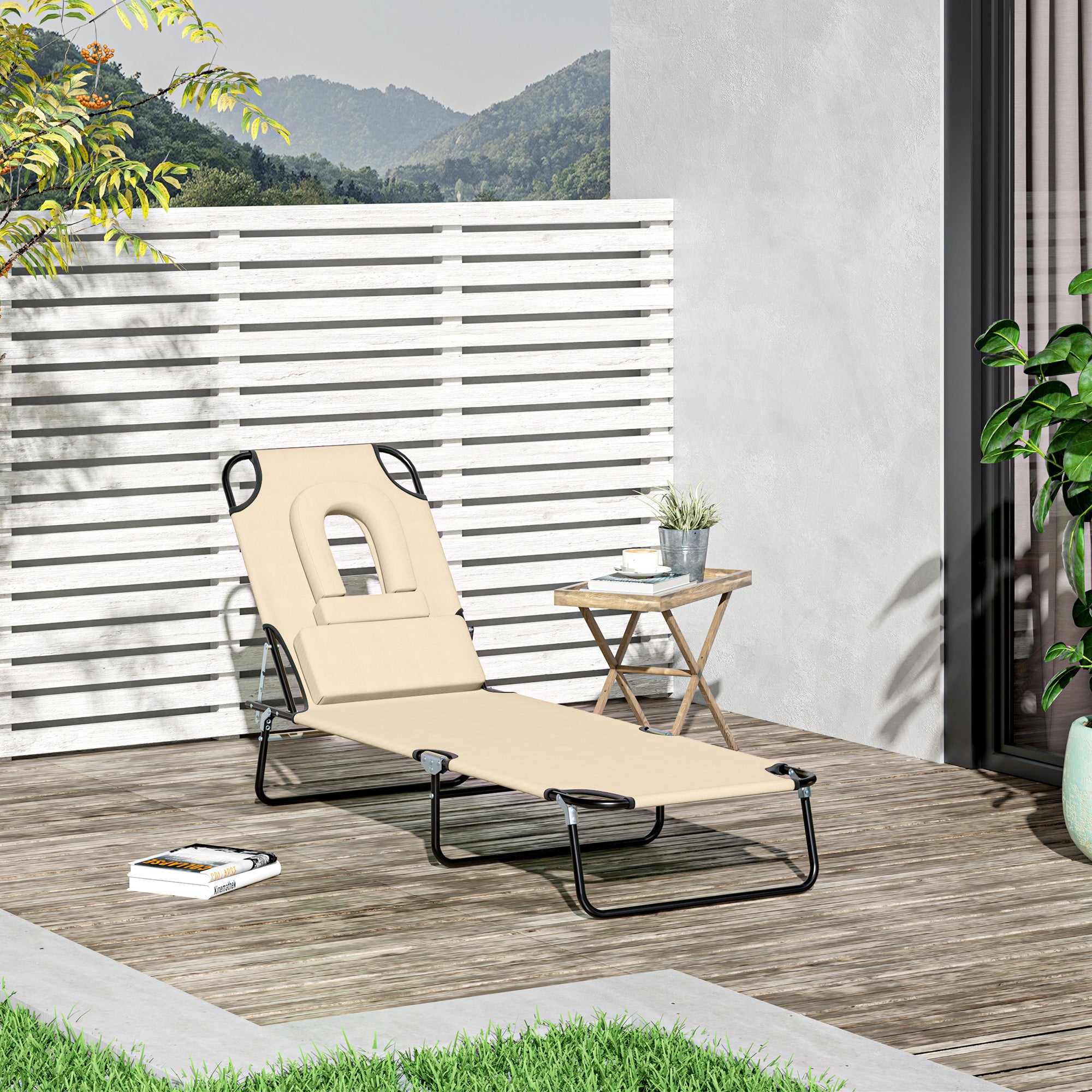 Kozy Outdoor Folding Sun Lounger with Face Hole, 4 Level Adjustable Backrest Reclining Garden Lounger, Garden Recliner Sunbed with 600 D Oxford Cloth Seat and Pillow for Beach, Beige