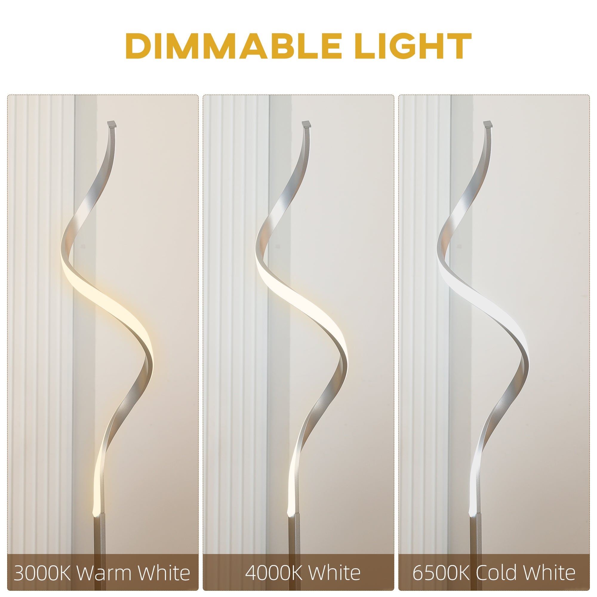 HOMCOM Dimmable Floor Lamp for Living Room, Modern Spiral Standing Lamp with 3 Adjustable Brightness and Square Base, Silver | Aosom UK
